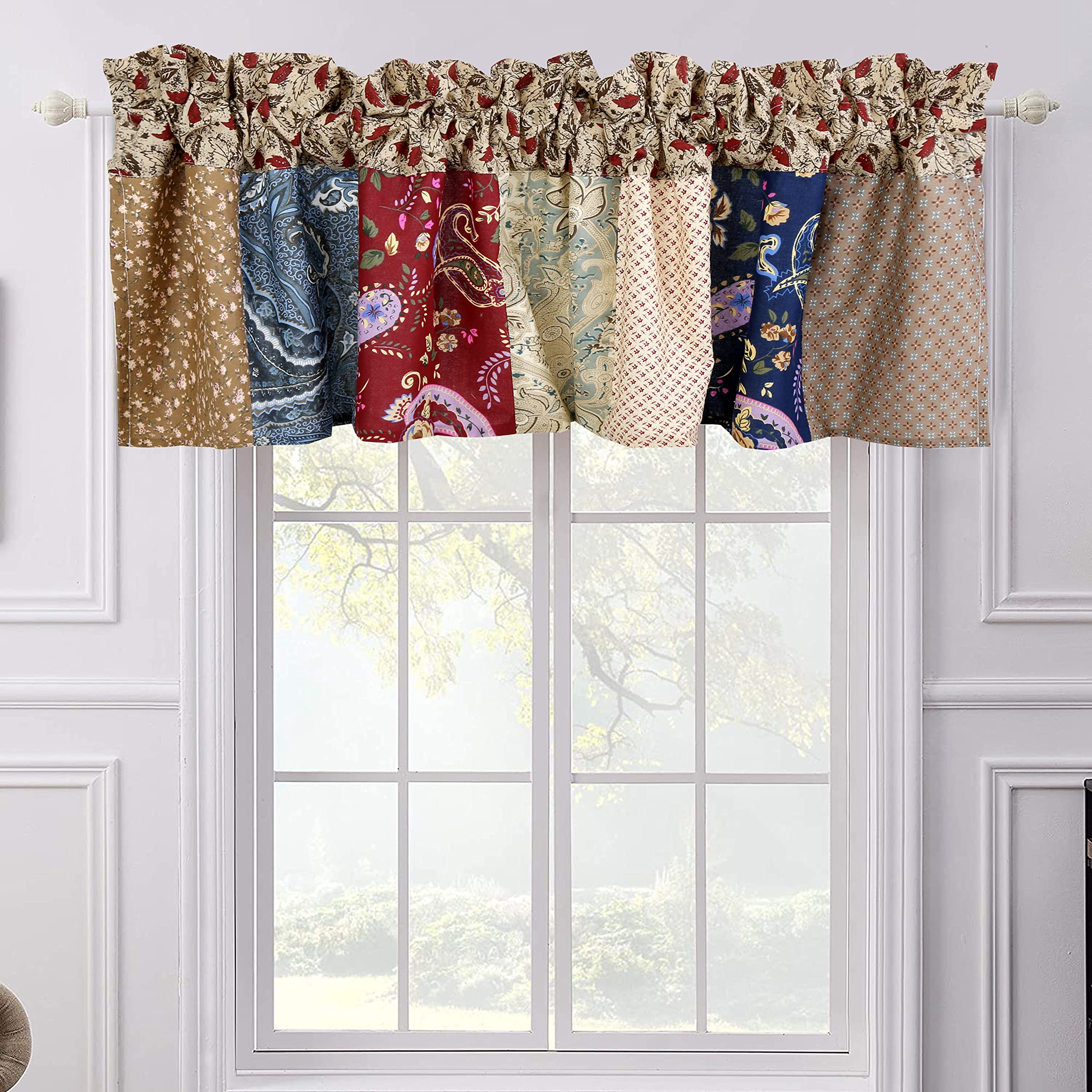 Cozy Line Home Fashions Red Navy Patchwork Rod Pocket Window Valance, 16 x 56