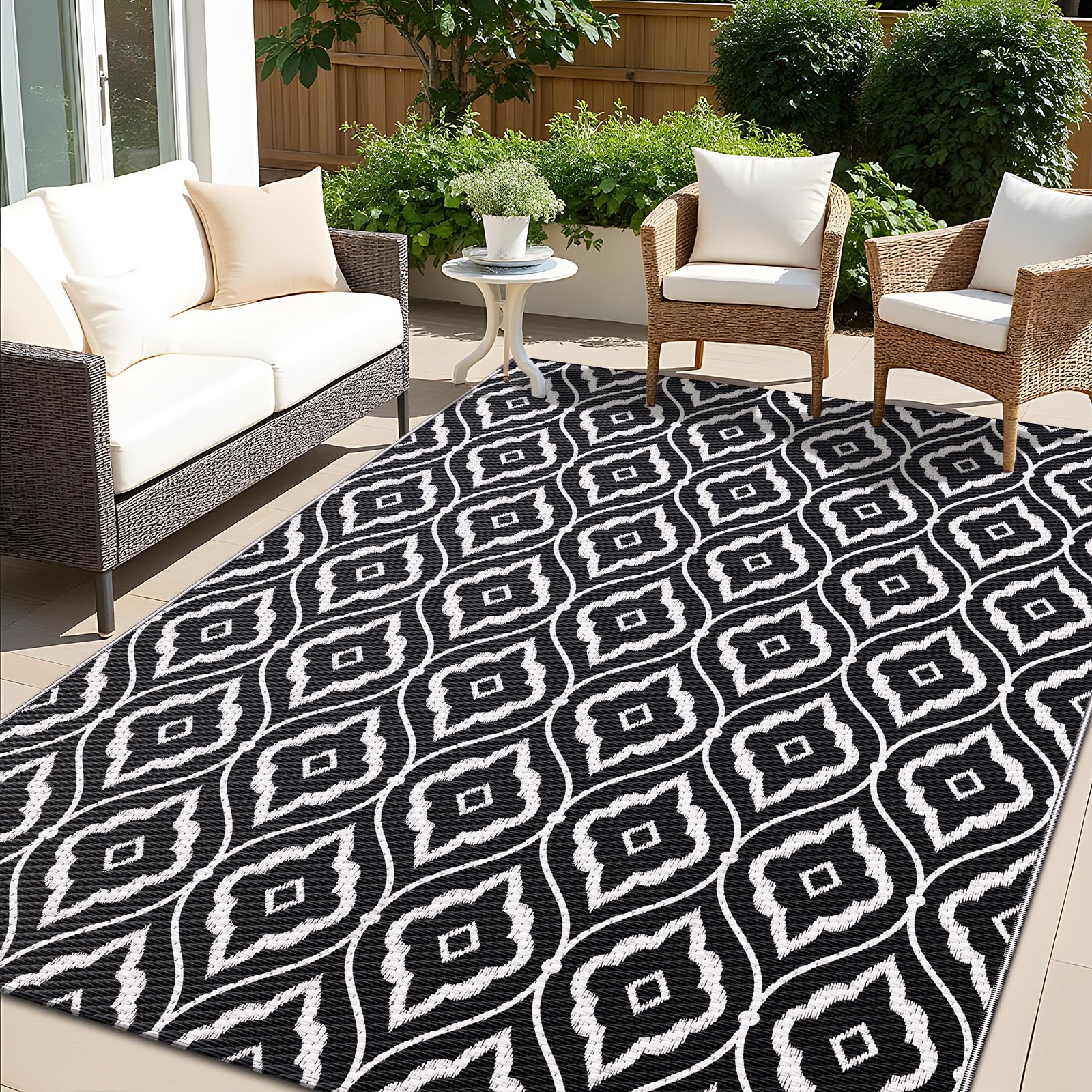 OLANLY Outdoor Rug 8x10 ft Waterproof, Outdoor Plastic Straw Rug with Geometric Pattern Clearance, Reversible RV Mat for Patio, 