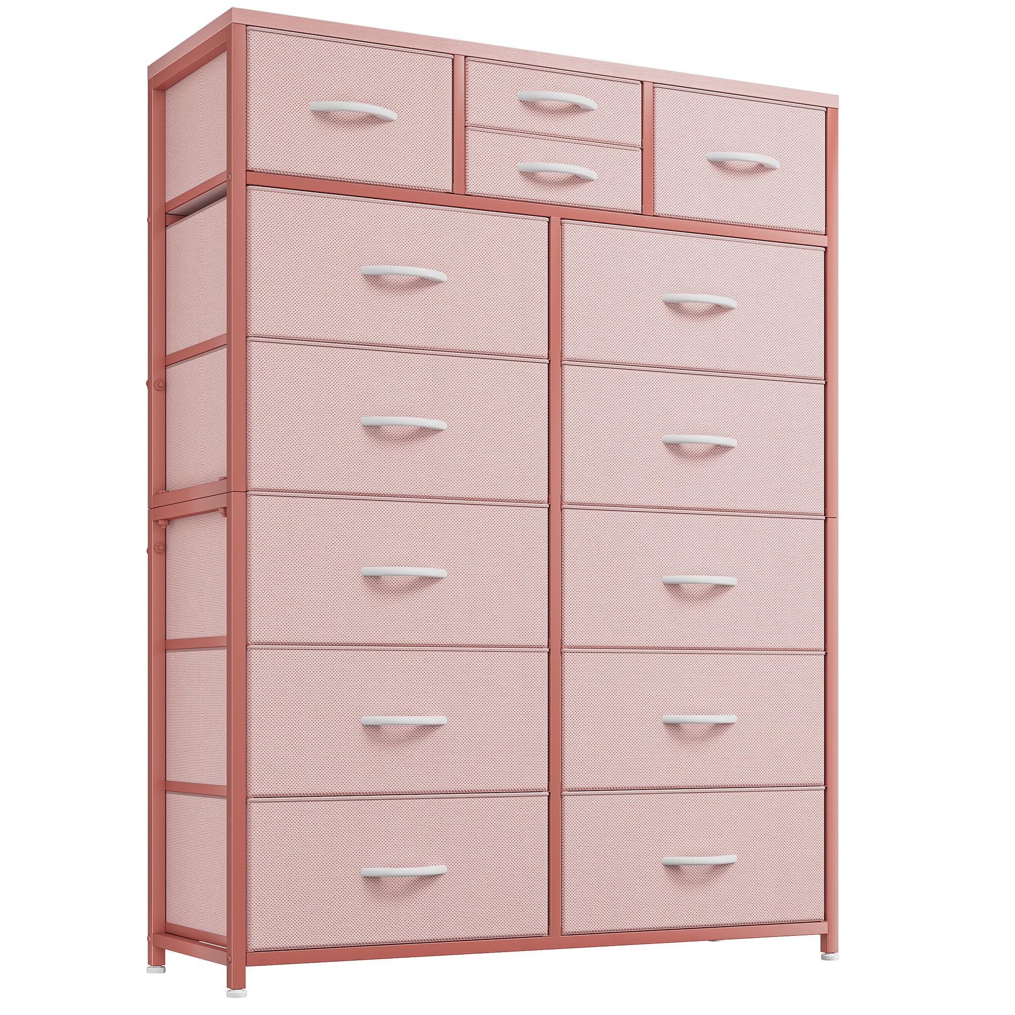 EnHomee Pink Tall Dresser with 14 Drawers, Fabric Dresser for Bedroom Dressers & Chests of Drawers with Sturdy Metal Frame and W