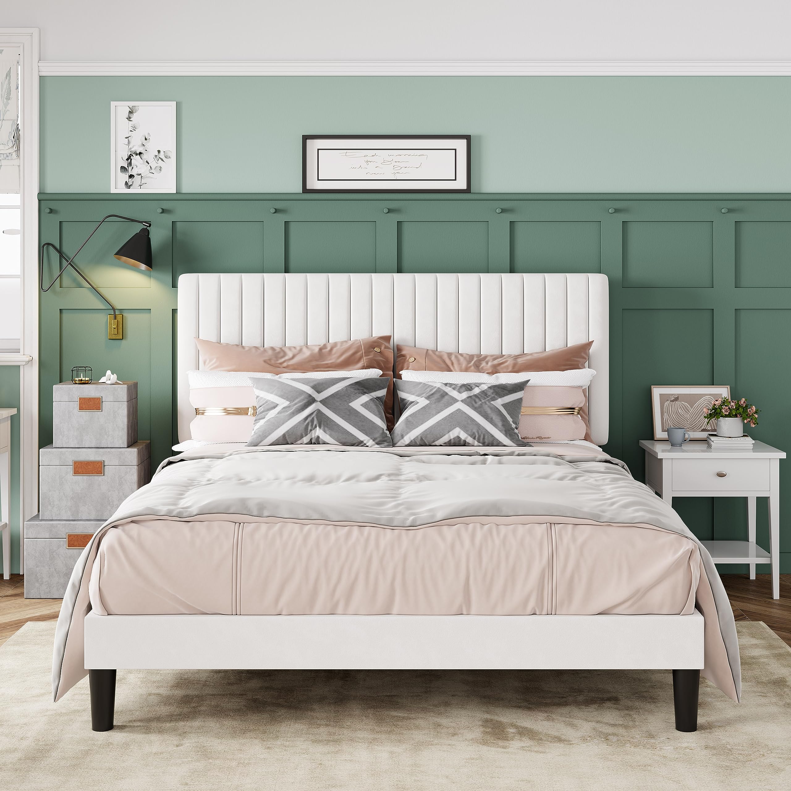 Allewie Full Bed Frame, Velvet Upholstered Platform Bed with Adjustable Vertical Channel Tufted Headboard, Mattress Foundation w