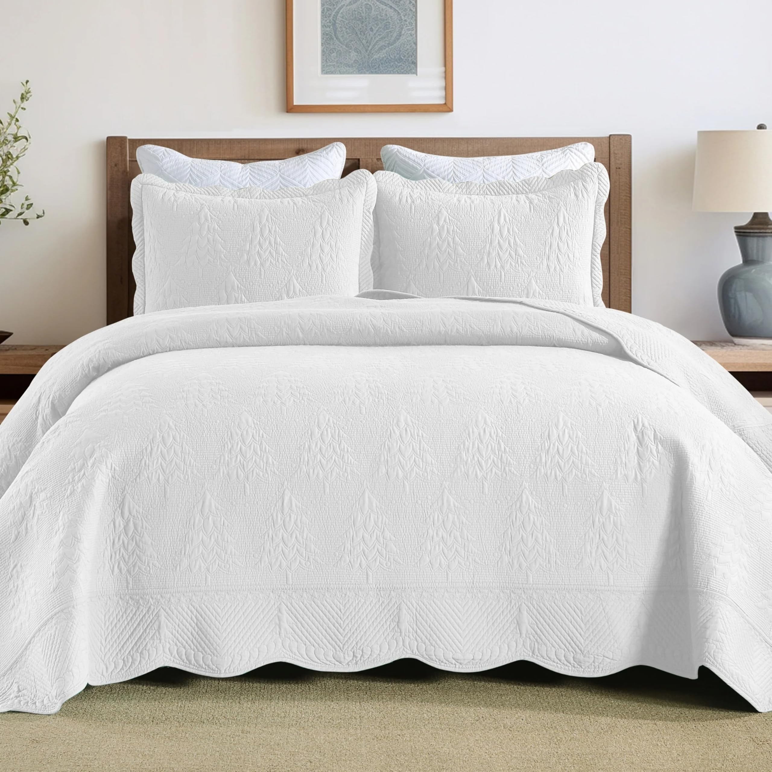 MarCielo 3-Piece 100% Cotton Oversized Bedspread Lightweight Quilt Coverlet Embroidery Farmhouse Bedding Set TC (White, Queen (1