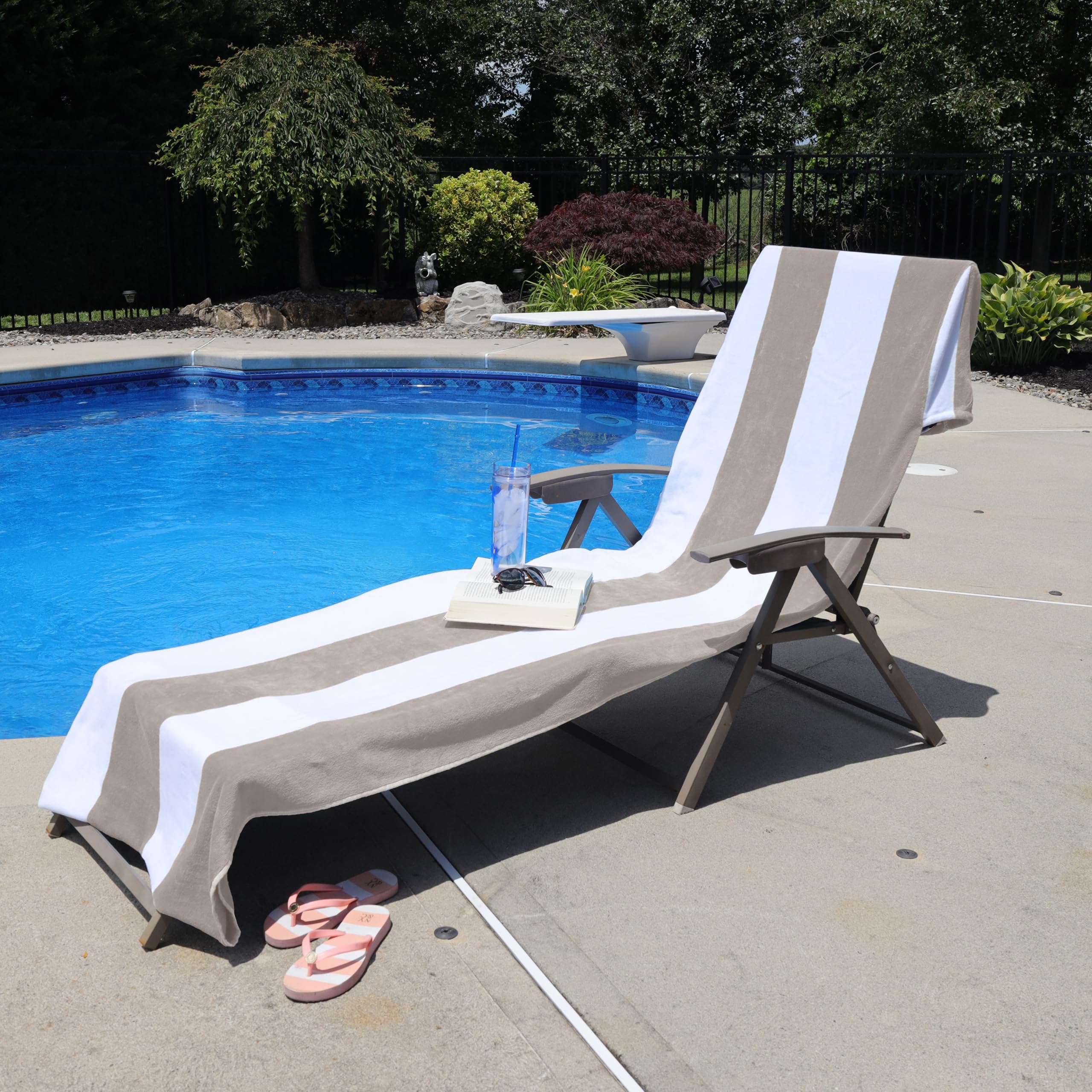 Superior Cabana Cotton Lounge Chair Cover, Outdoor Towel/Chaise Furniture Covers, Terry Cloth, Beach, Spa, Swim Accessories, Poo