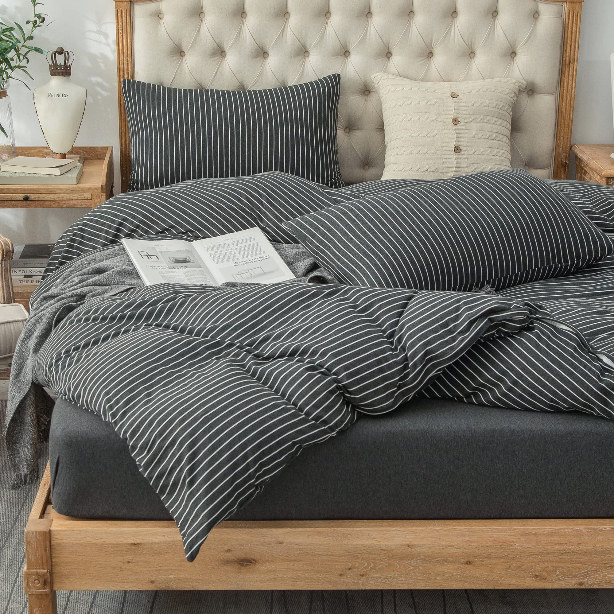 PURE ERA Jersey Knit Duvet Cover Set 100% T-Shirt Heather Cotton Super Soft Comfy Classic Striped Design, with Zipper Closure, B