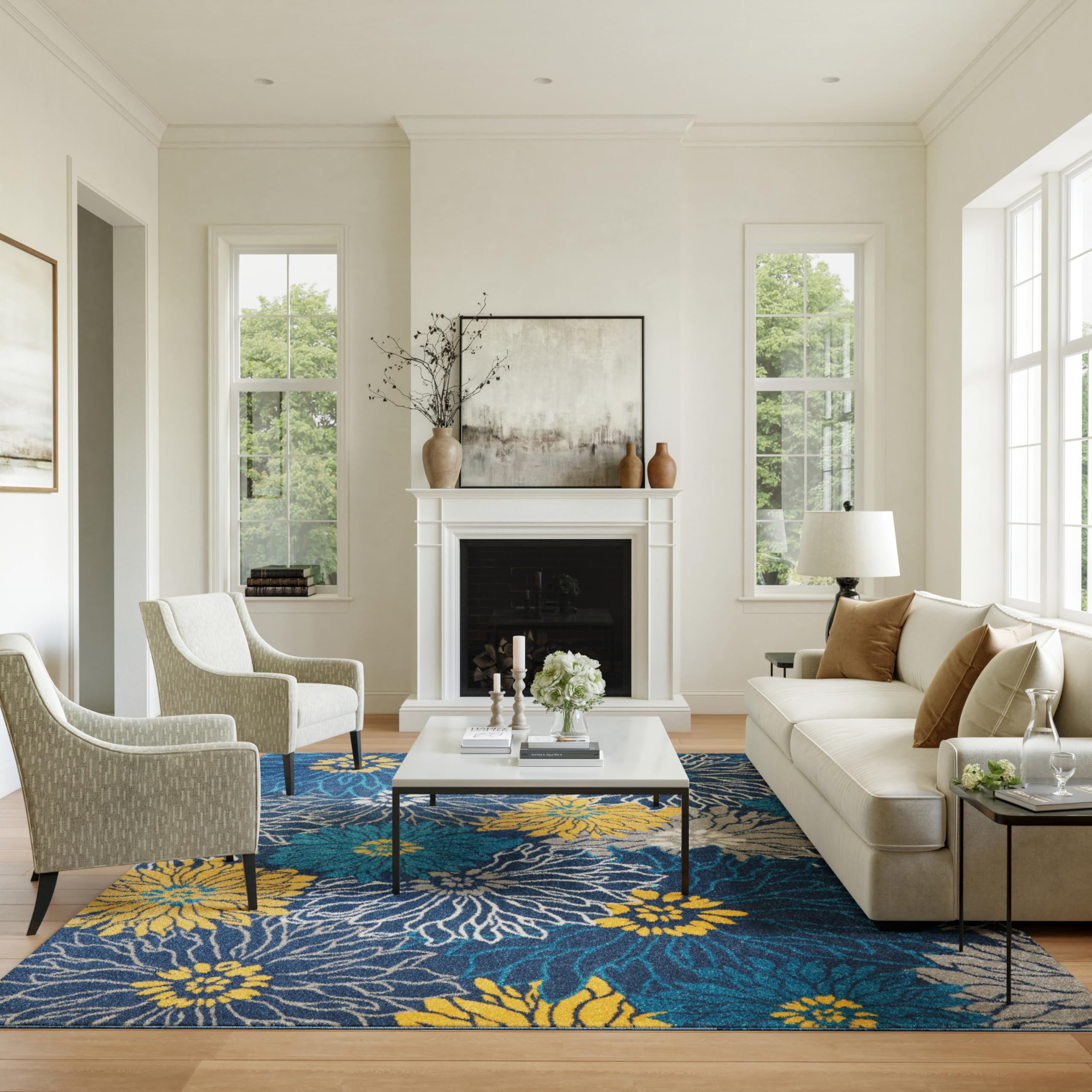 Nourison Passion Blue 9 x 12 Area Rug, Floral, Farmhouse, Easy Cleaning, Non Shedding, Bed Room, Living Room, Dining Room, Kit