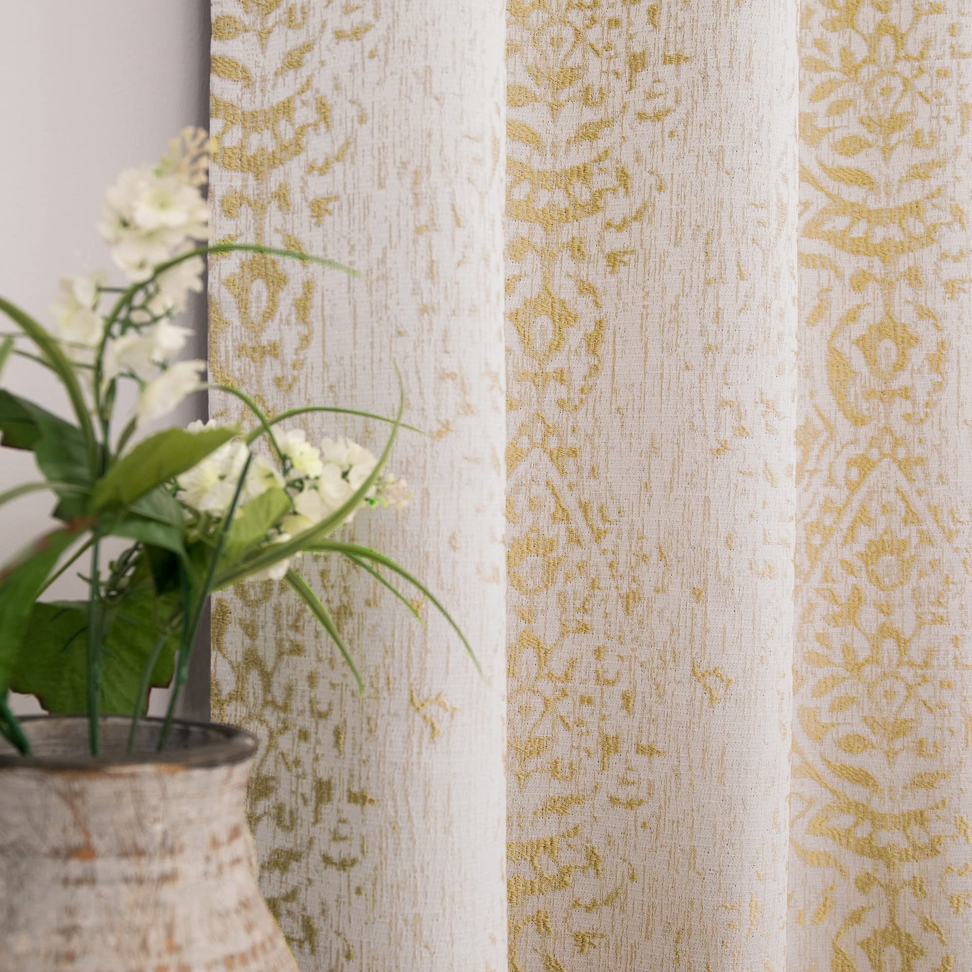Gold and Greyish Cream White Light Filtering Damask Pattern Extra Length Mandala Curtains for Living Room 52 by 96 Inches Long 2