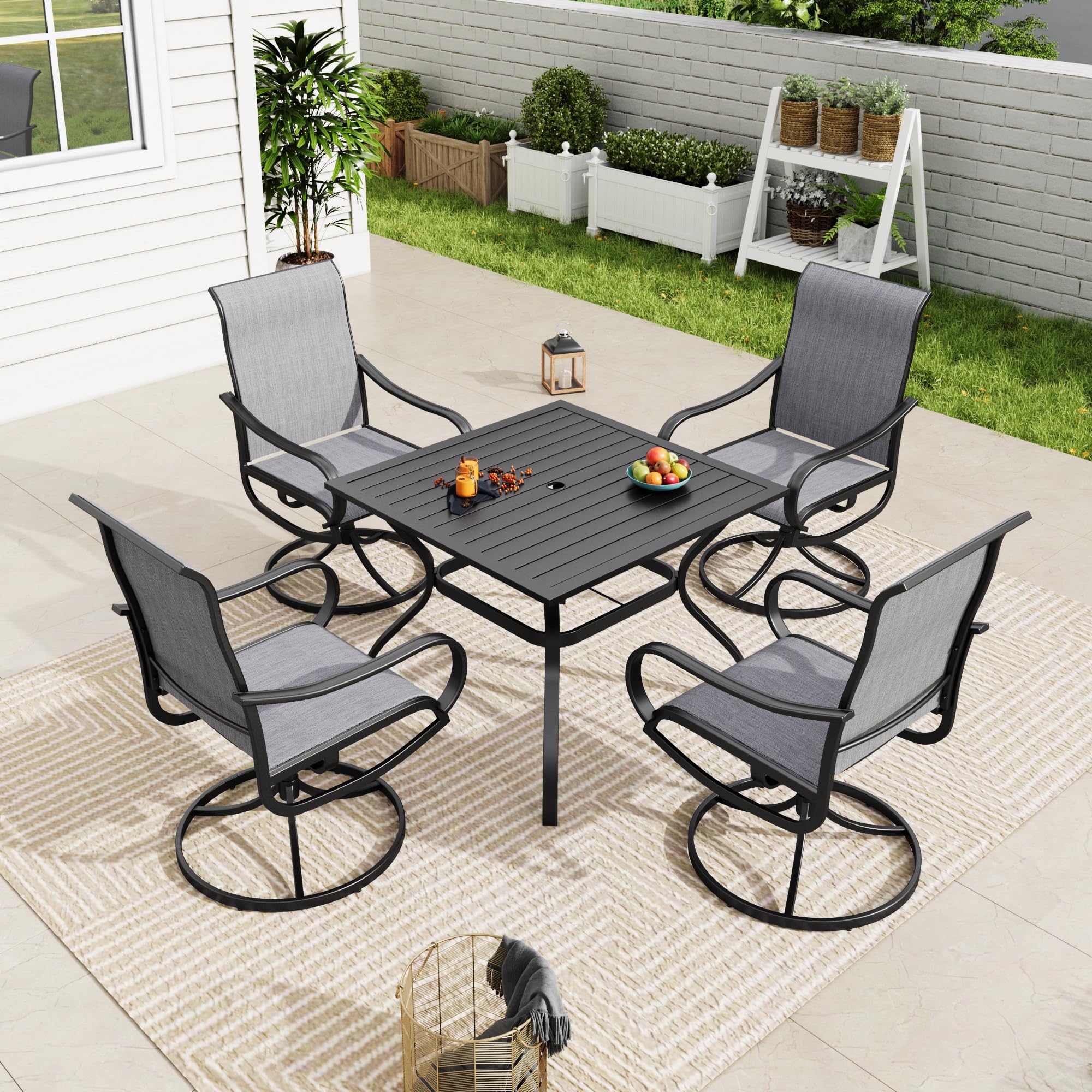 MFSTUDIO Patio Table and Chairs Set of 4, Outdoor Dining Set with Umbrella Hole, 5 Piece Patio Furniture Set for Deck Backyard P