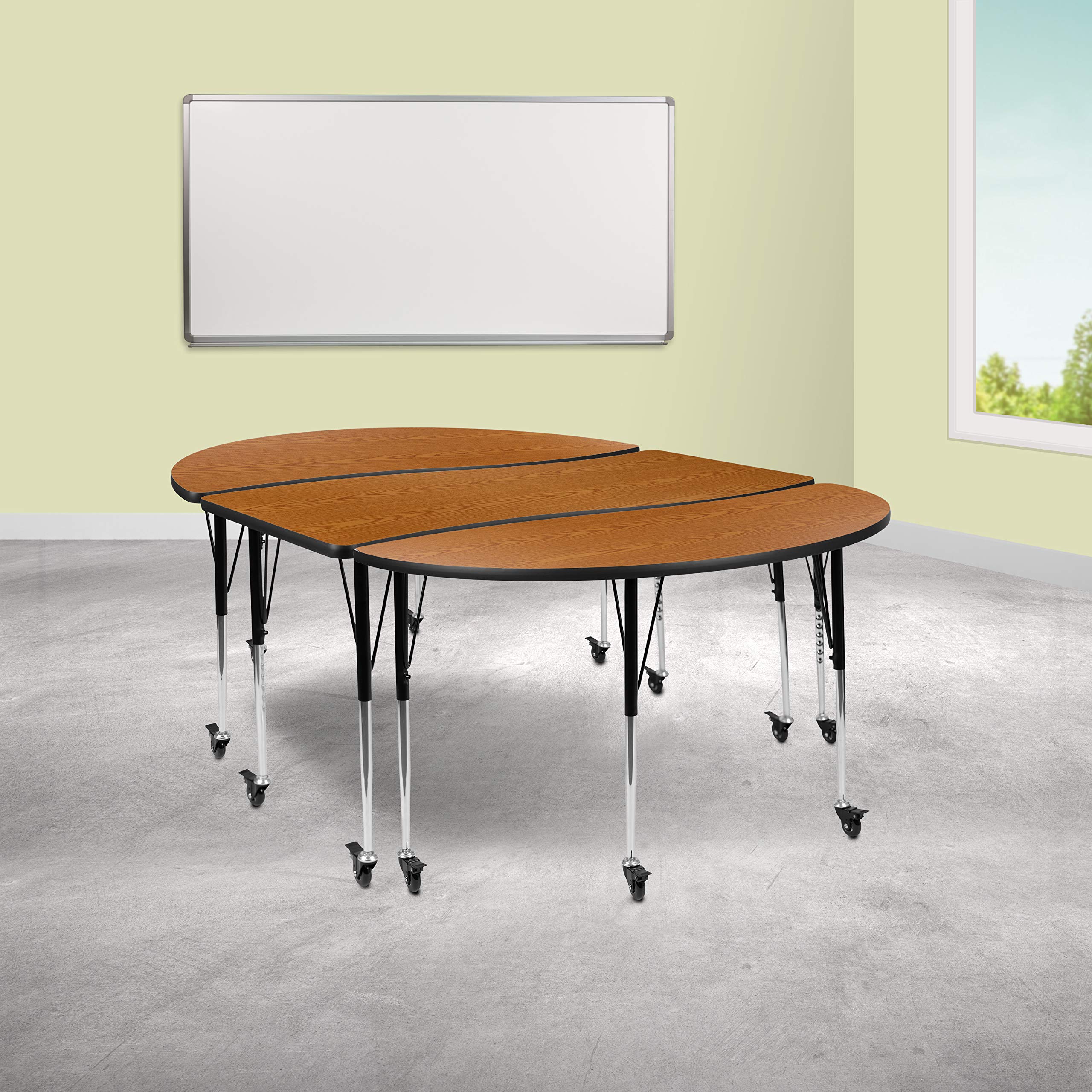 Flash Furniture Emmy 3 Piece Mobile 86 Oval Wave Flexible Oak Thermal Laminate Activity Table Set-Standard Height Adjustable Leg