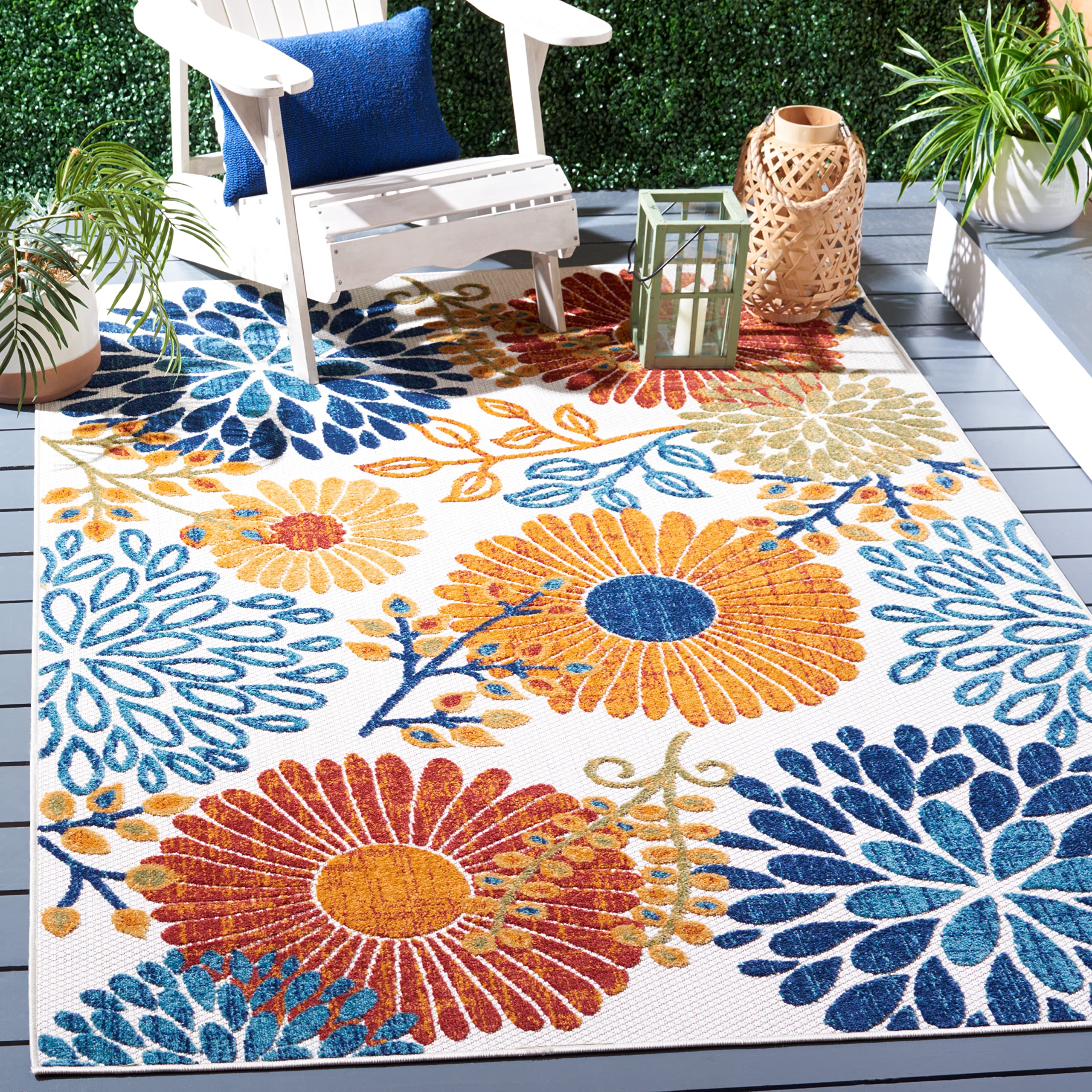 SAFAVIEH Cabana Collection 3 Square Cream/Red CBN832A Floral Indoor/ Outdoor Non-Shedding Easy Cleaning Patio Backyard Deck Por