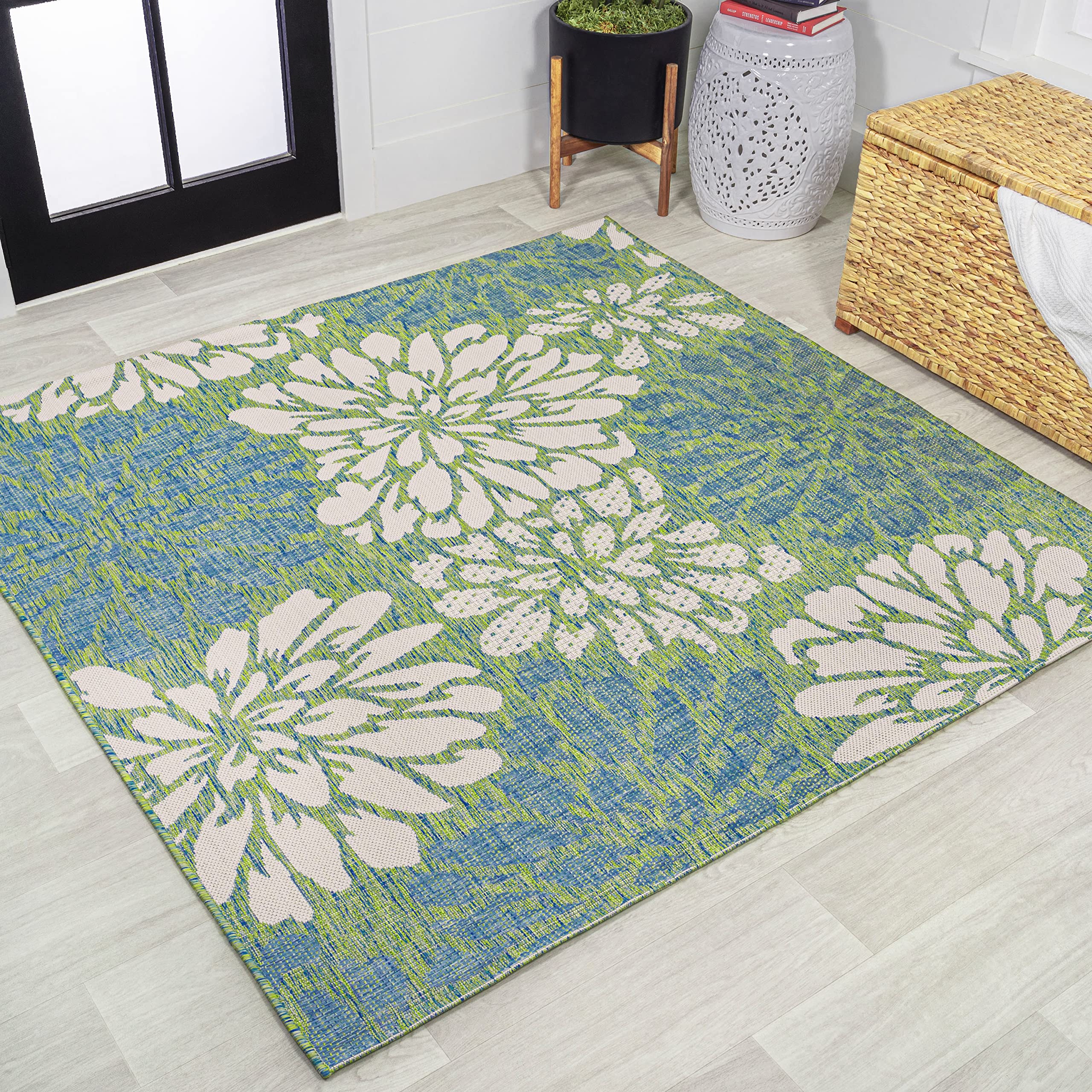 JONATHAN Y SMB110D-9SQ Zinnia Modern Floral Textured Weave Cream/Green 9 Square Indoor/Outdoor Area Rug, Pet Friendly, Non-Shed