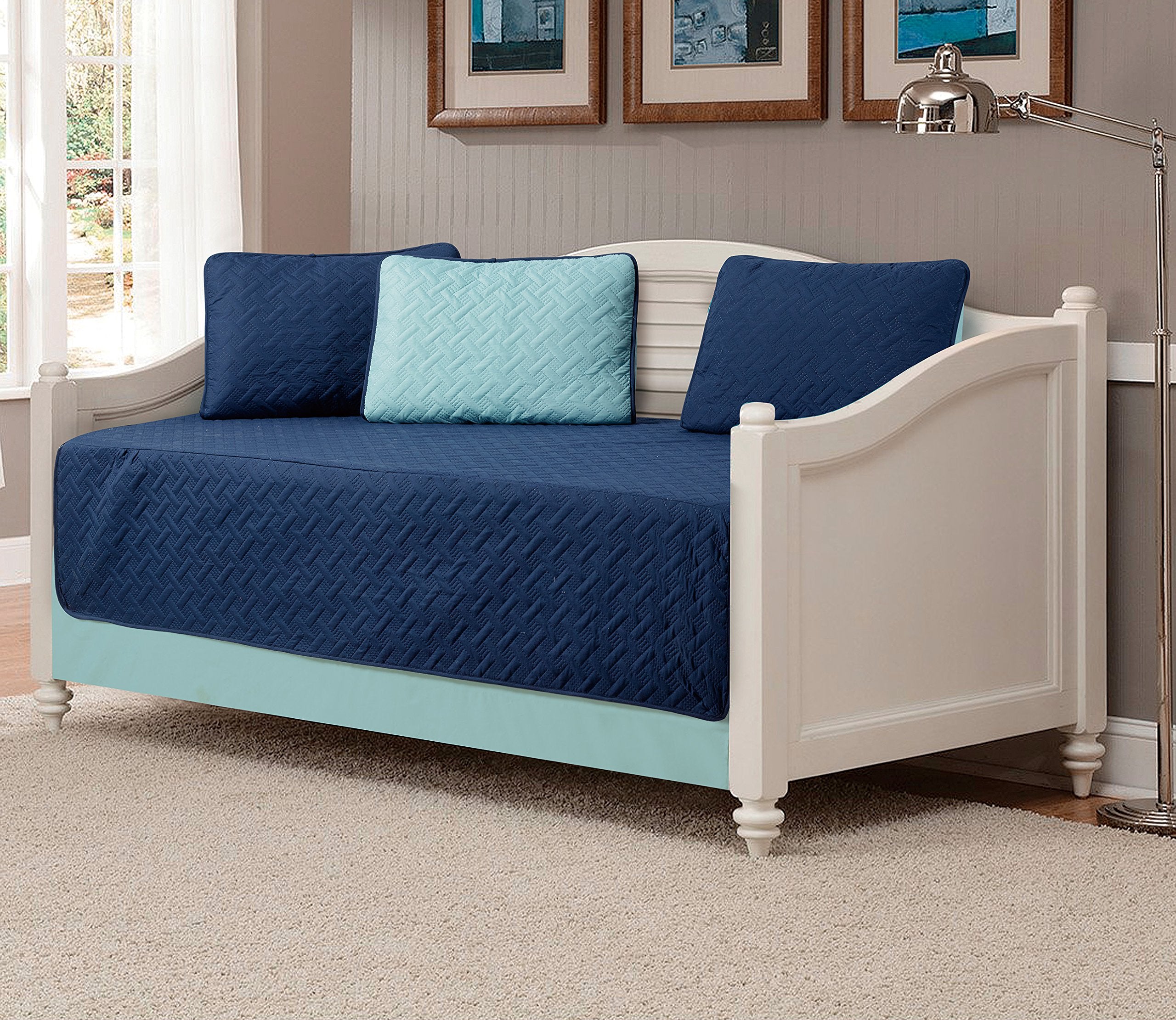 Mk Collection 5pc Modern Bedspread DayBed Solid Embossed New (Navy Blue/Light Blue)