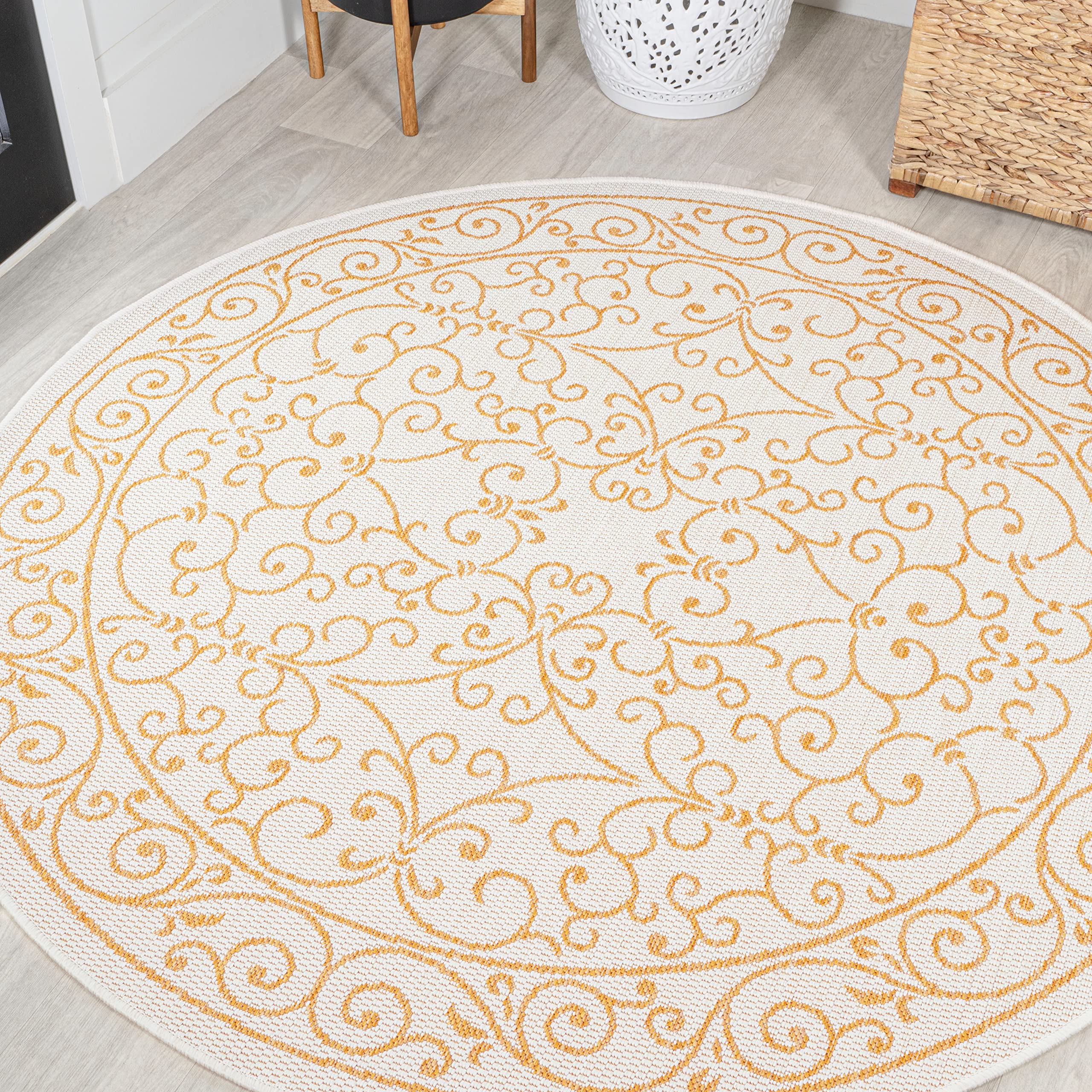 JONATHAN Y Vintage Filigree Indoor Outdoor Round Area Rug 5 Ft Cream/Yellow, Charleston Textured Weave for Backyard, Patio, Porc