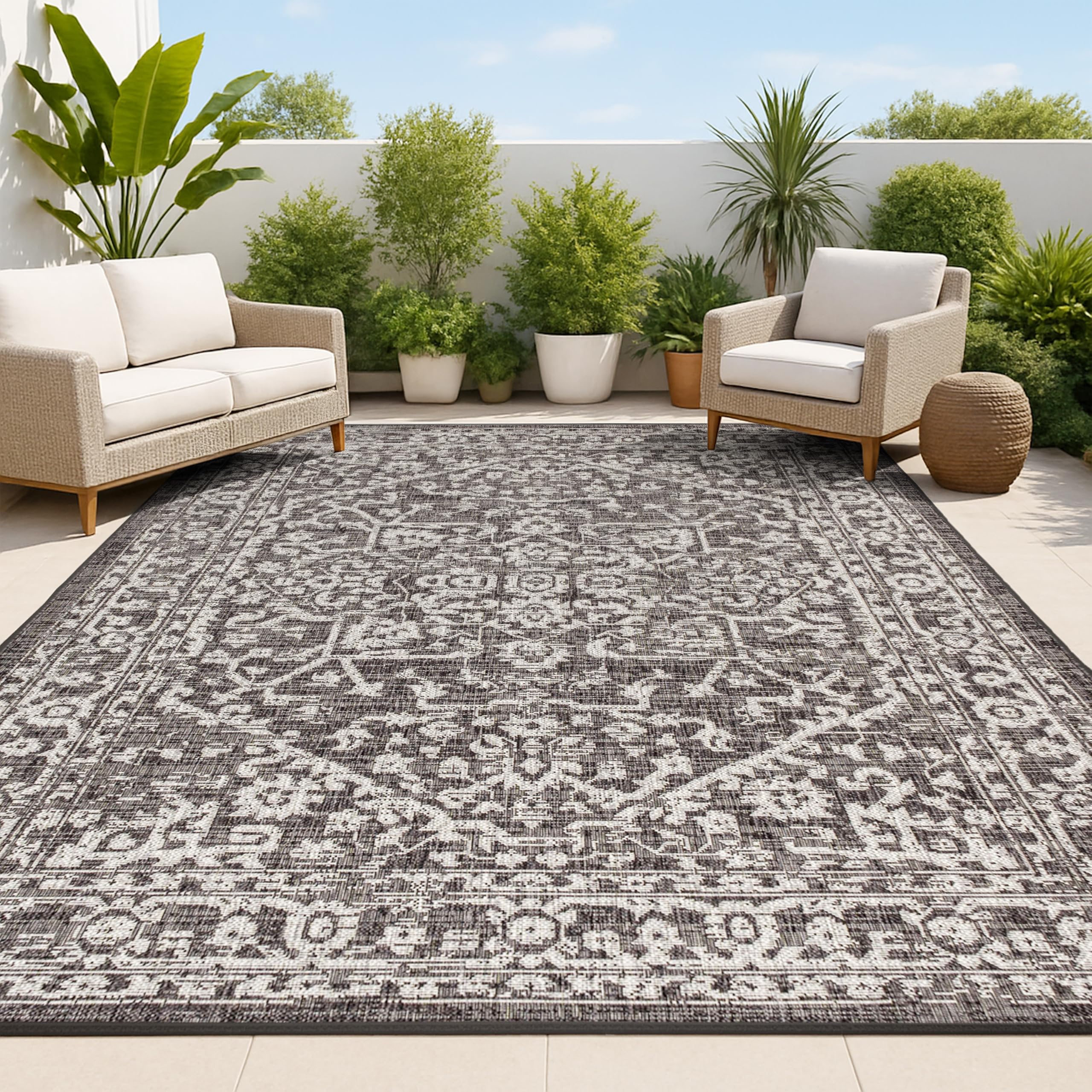 JONATHAN Y Boho Medallion Indoor Outdoor Area Rug 8X10 Black/Gray, Malta Textured Weave for Backyard, Patio, Porch, Easy-Cleanin