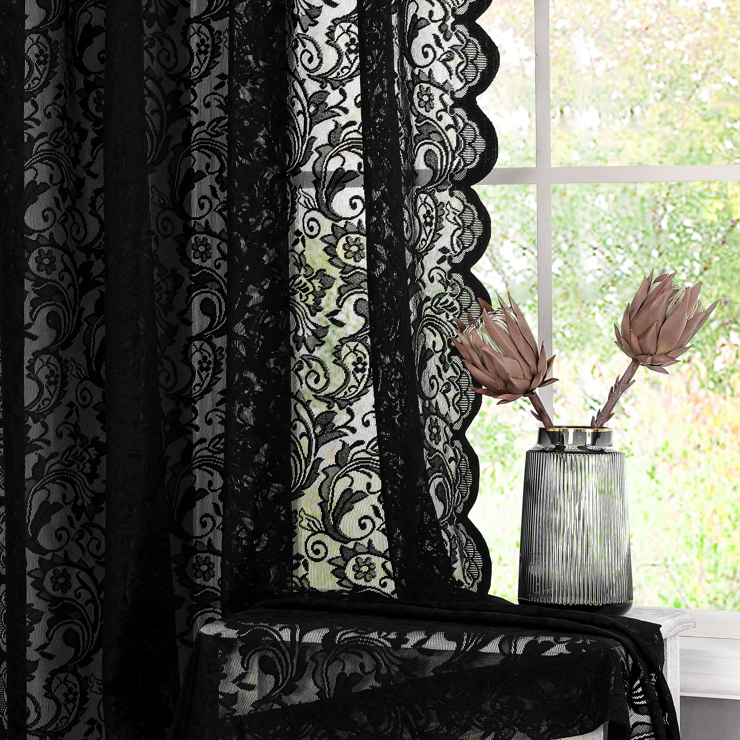 Bujasso Black Sheer Lace Curtains 54 inch Elegant Vintage Floral Short Curtain Panels for Kitchen Living Room Bedroom Light Filt