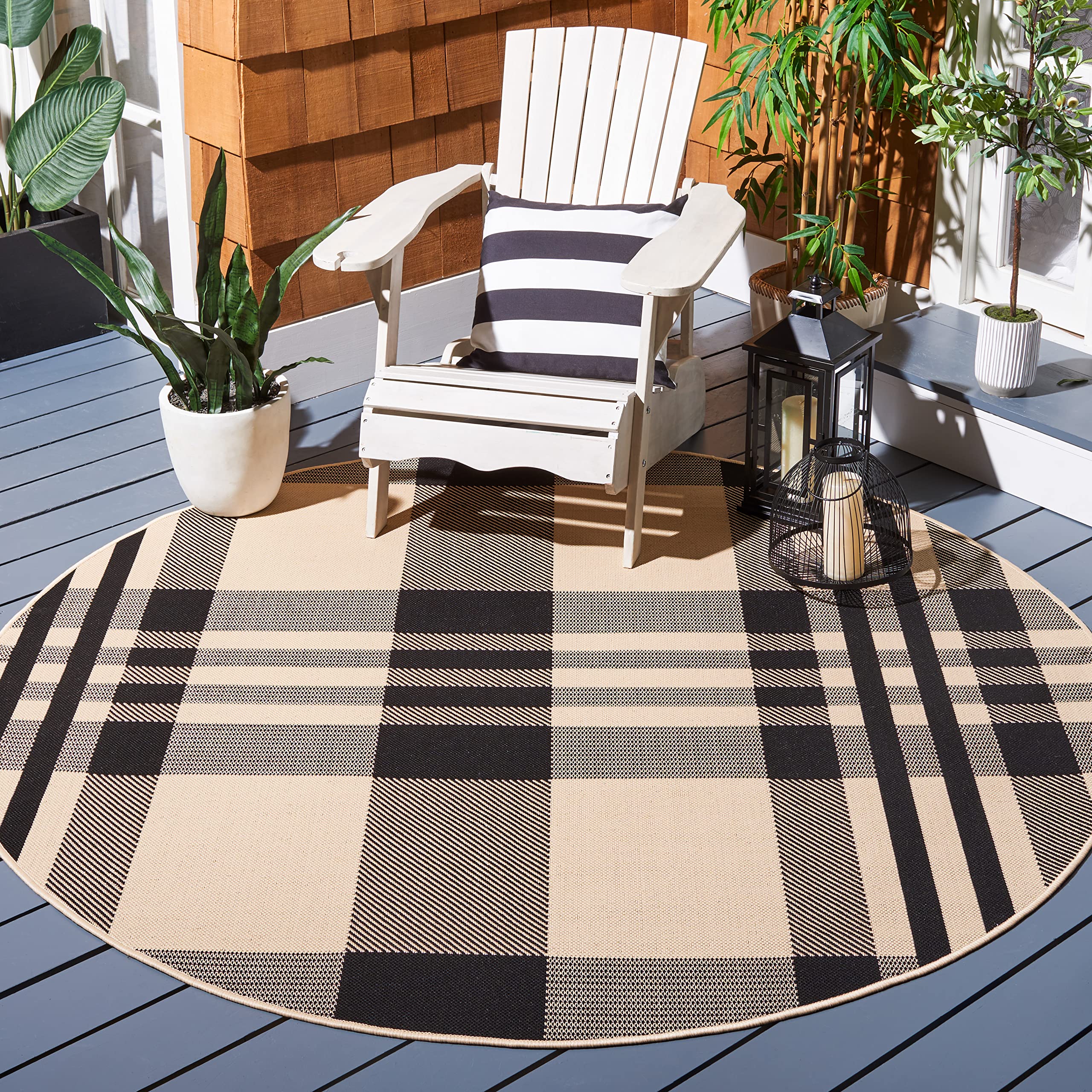 SAFAVIEH Courtyard Collection Area Rug - 71 Round, Beige & Anthracite, Plaid Design, Non-Shedding & Easy Care, Indoor/Outdoor &