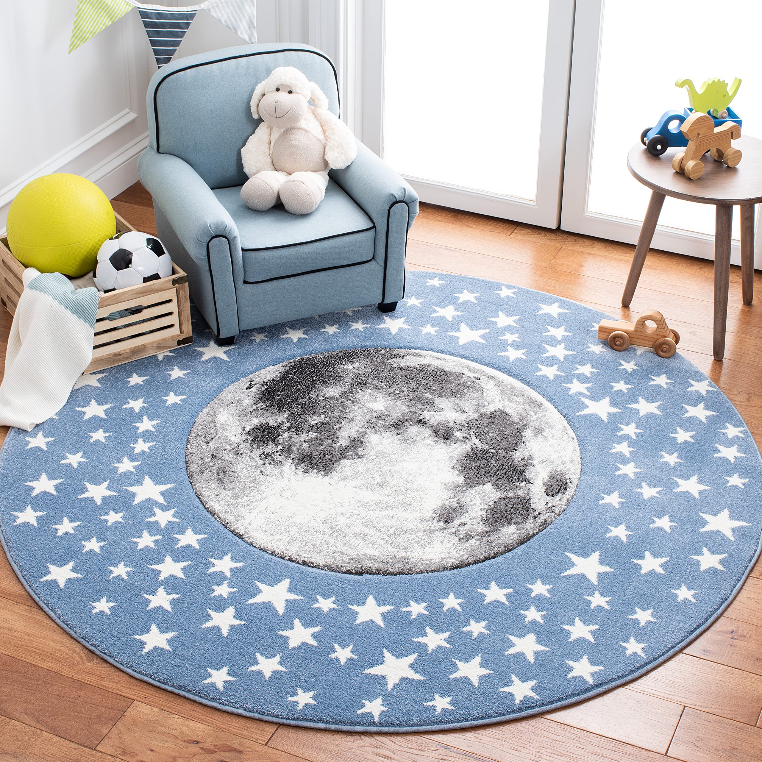 SAFAVIEH Carousel Kids Collection 4 Round Light Blue/Grey CRK135L Moon & Stars Non-Shedding Playroom Nursery Bedroom Area Rug