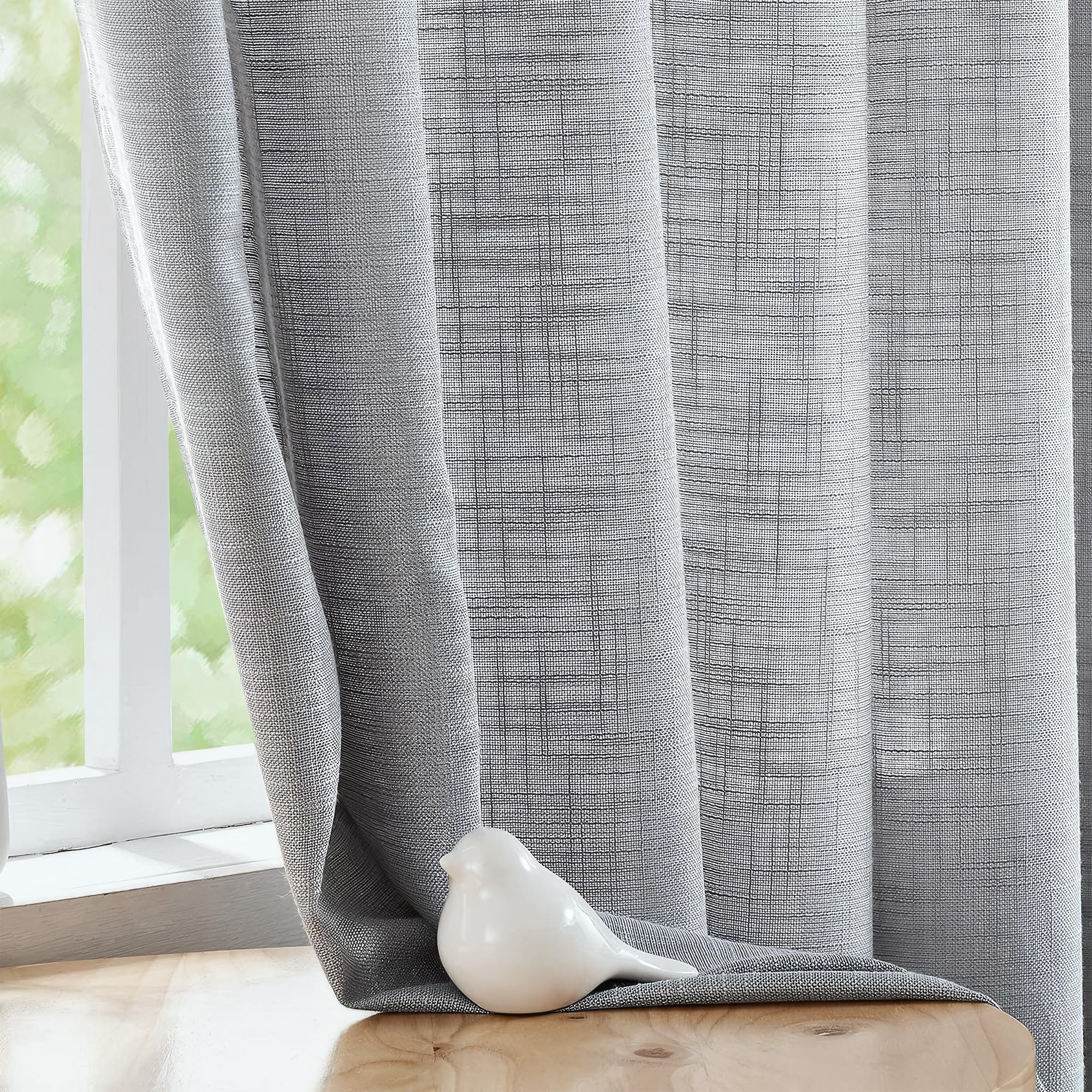 FMFUNCTEX Linen Semi Sheer Curtains for Bedroom, Grey Curtains 63 Inch Length for Living Room, Country Farmhouse Sheer Drapes, L