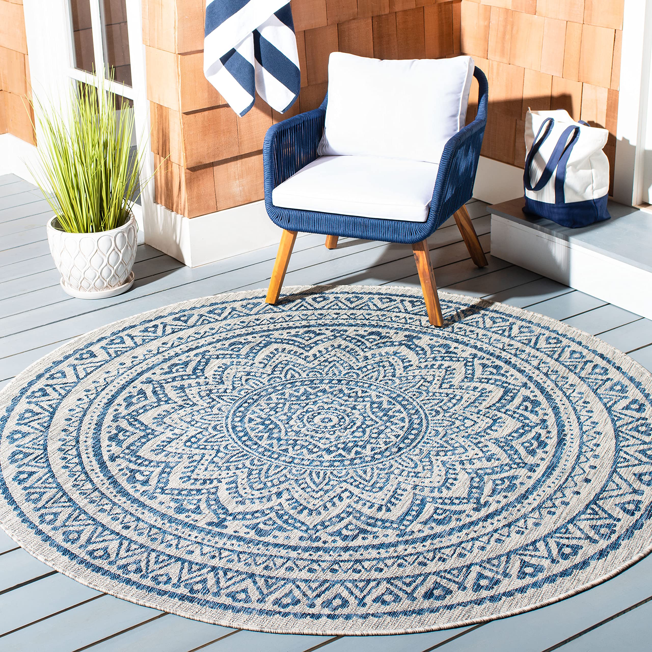 SAFAVIEH Courtyard Collection 4 Round Grey/Blue CY8734 Indoor/ Outdoor Patio Backyard Mudroom Area Rug