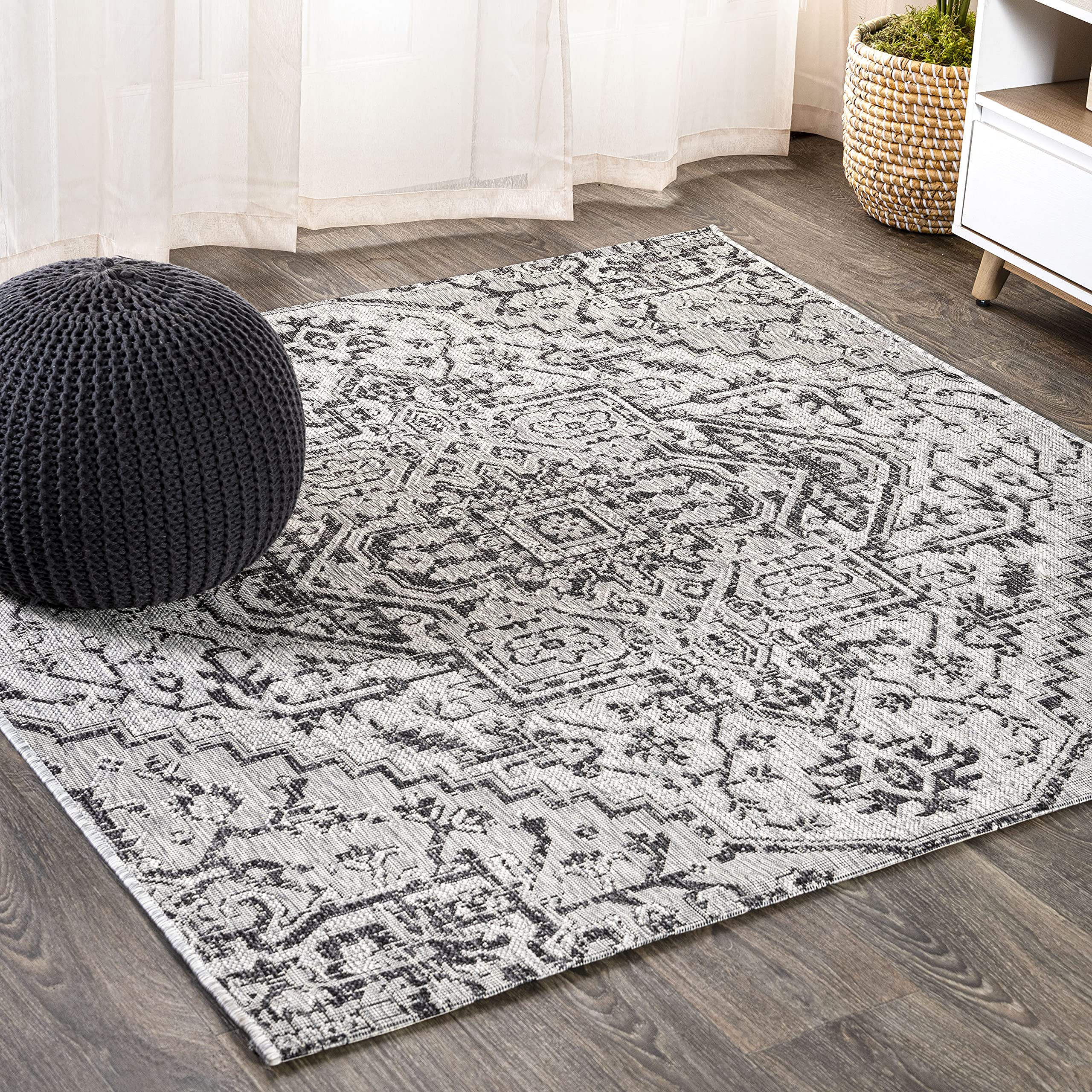 JONATHAN Y SMB105D-3SQ Estrella Bohemian Medallion Textured Weave Black/Gray 3 Square Indoor/Outdoor Area Rug, Pet Friendly, No