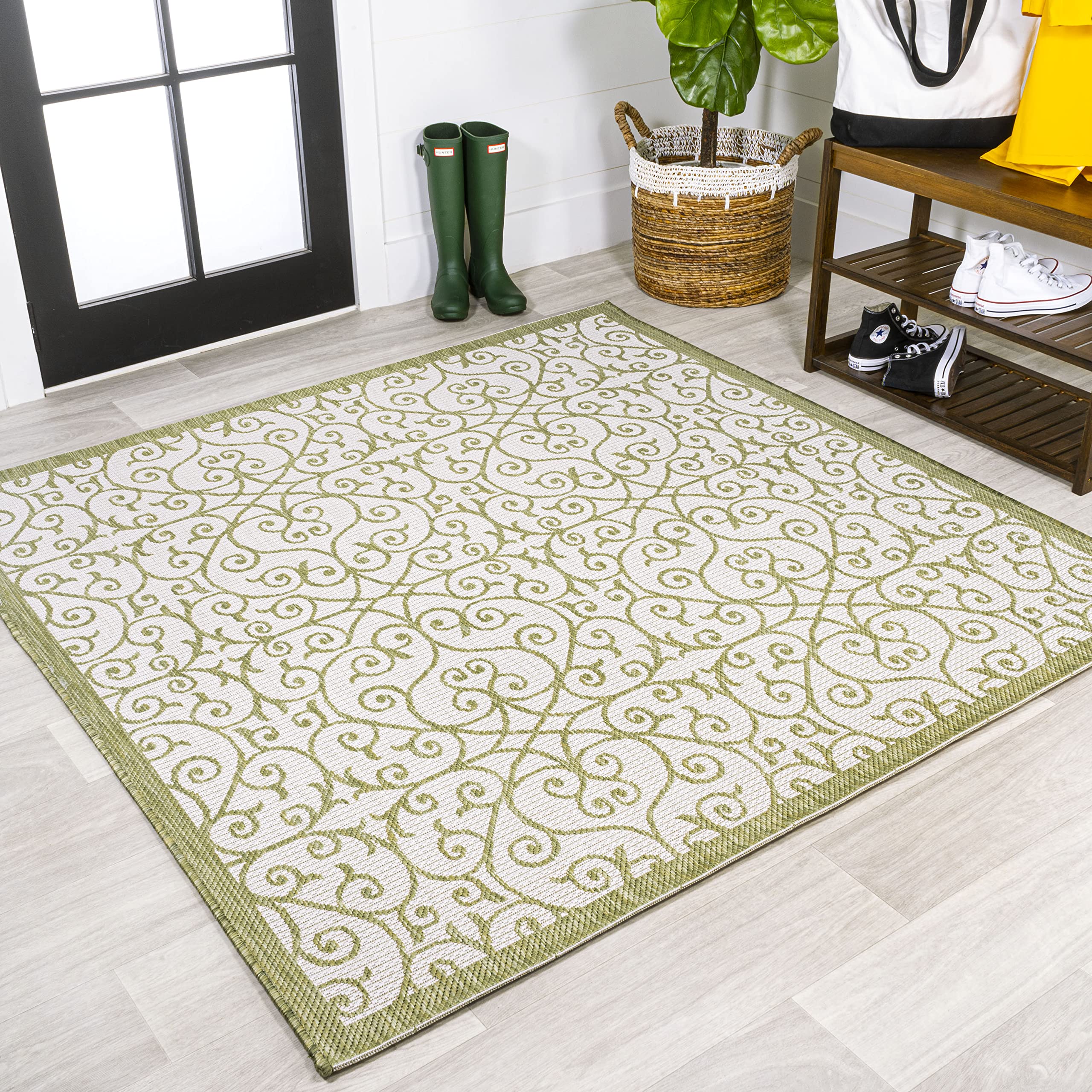 JONATHAN Y Vintage Filigree Indoor Outdoor Square Area Rug 5X5 Green/Cream, Madrid Textured Weave for Backyard, Patio, Porch, Ea