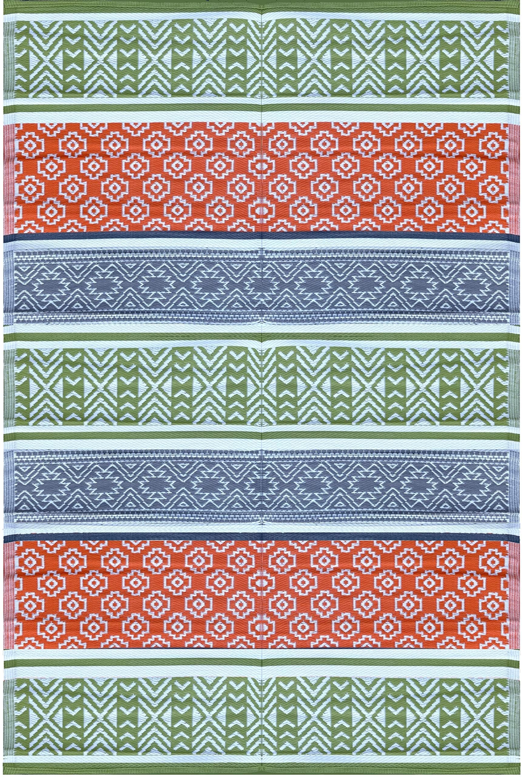 BalajeesUSA Outdoor Rugs-9x18 Plastic Patio Decor Green, Orange, Large Bohemian Geometric Striped Plastic Recycled Straw Picnic 