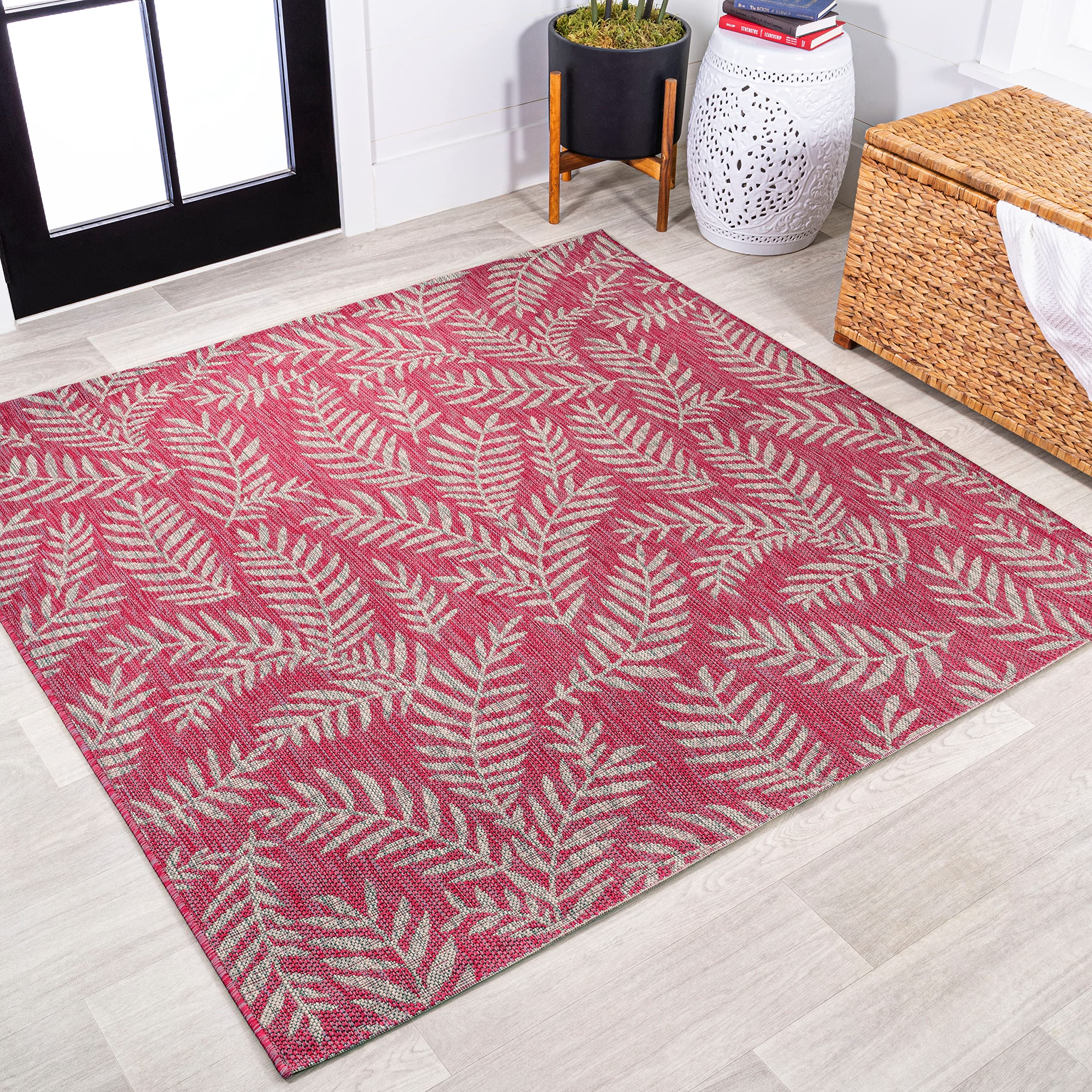 JONATHAN Y SMB119F-5SQ Nevis Palm Frond Indoor Outdoor Area Rug, Coastal Casual Country & Floral Easy Cleaning,Bedroom,Kitchen,B