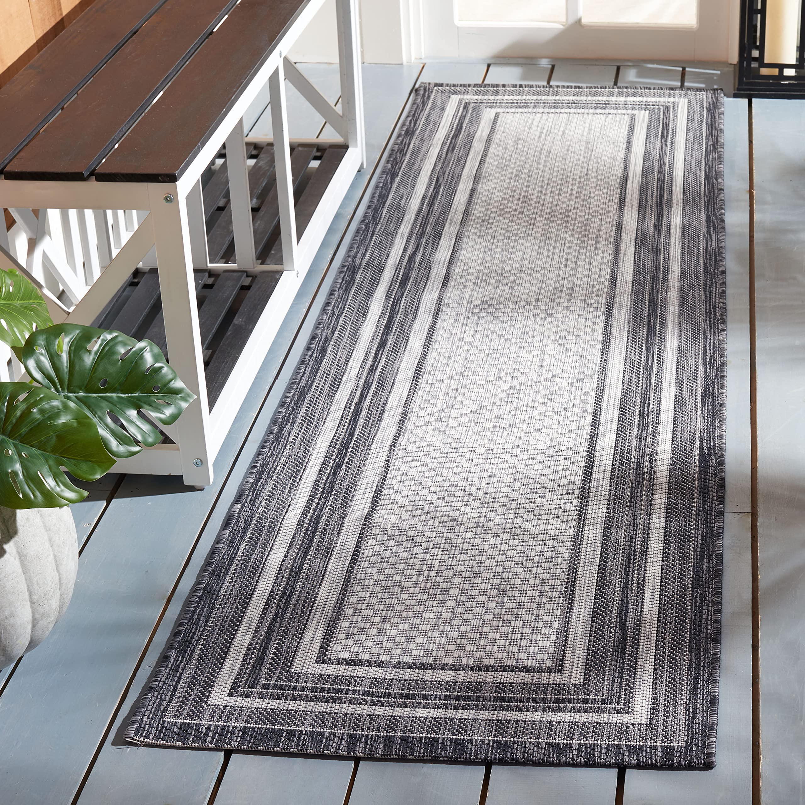 SAFAVIEH Courtyard Collection Runner Rug - 23 x 14, Light Grey & Black, Non-Shedding & Easy Care, Indoor/Outdoor & Washable-Id