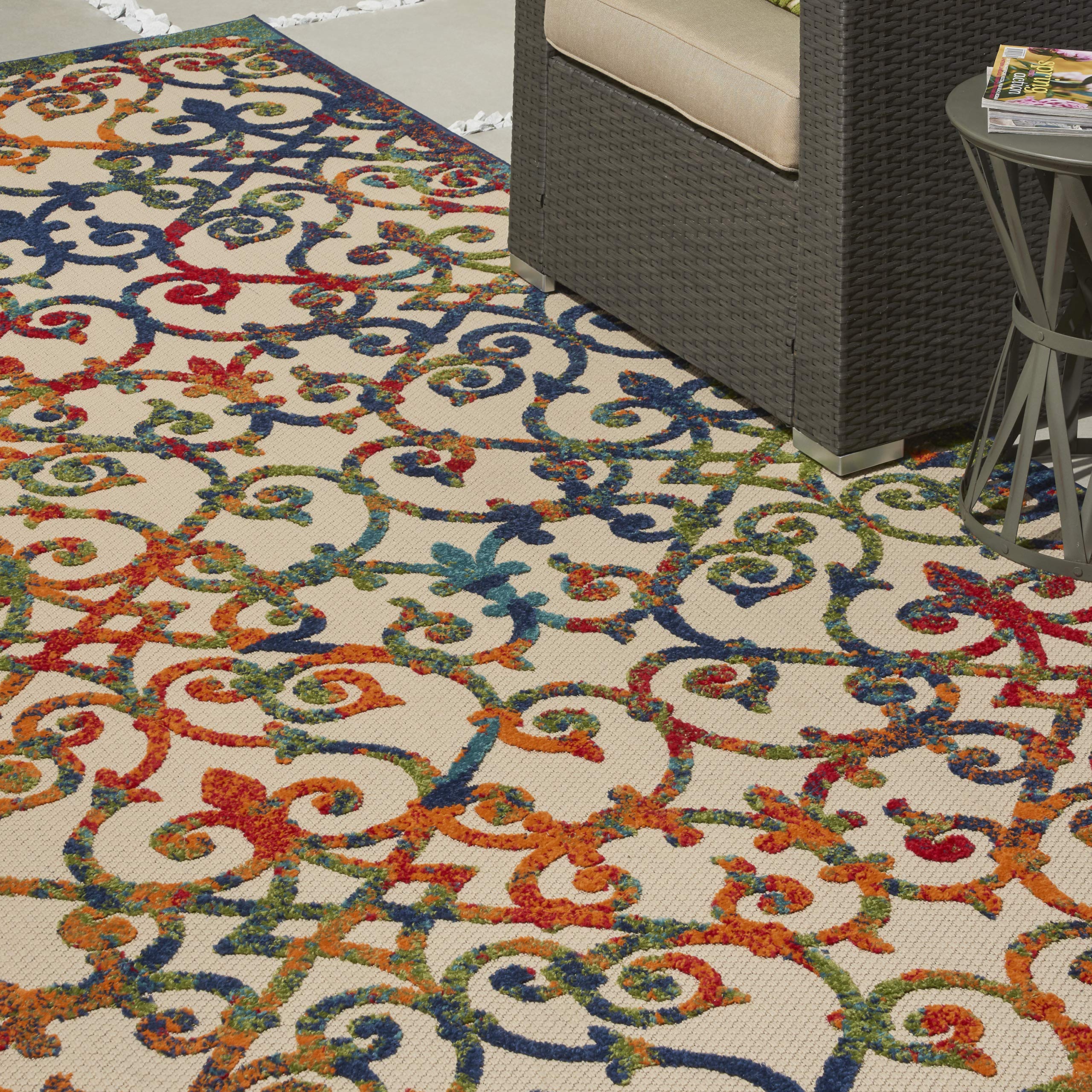 Nourison Aloha Indoor/Outdoor Multicolor 7 x 10 Area Rug, Transitional, French Country, Easy Cleaning, Non Shedding, Bed Room,