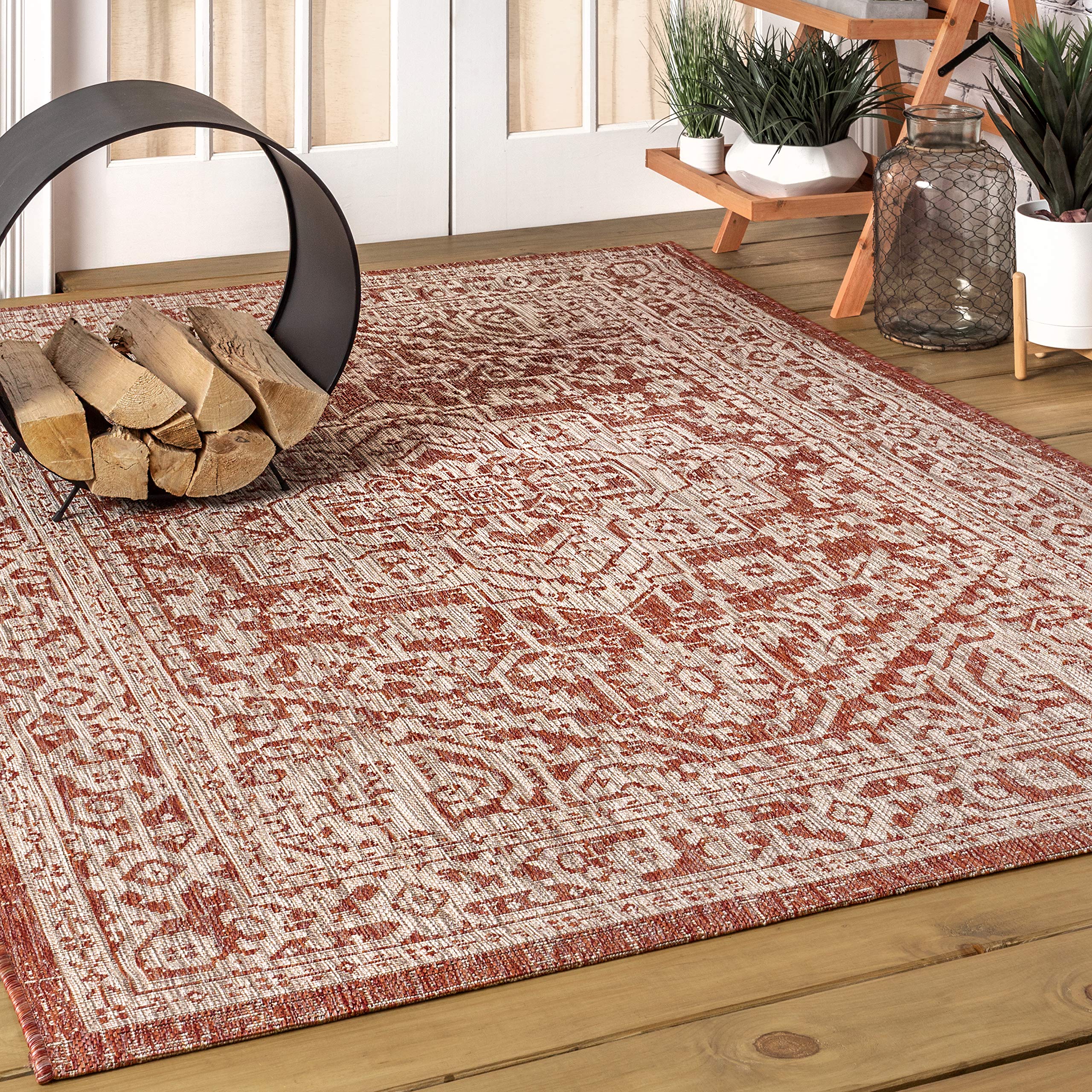 JONATHAN Y SMB101A-6 Sinjuri Medallion Textured Weave Red/Taupe 6 ft. x 9 ft. Indoor/Outdoor Area Rug, Pet Friendly, Non-Sheddin