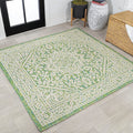 JONATHAN Y Medallion Weave Indoor Outdoor Square Area Rug 5X5 Cream/Green, Sinjuri Textured for Backyard, Patio, Porch, Easy-Cle