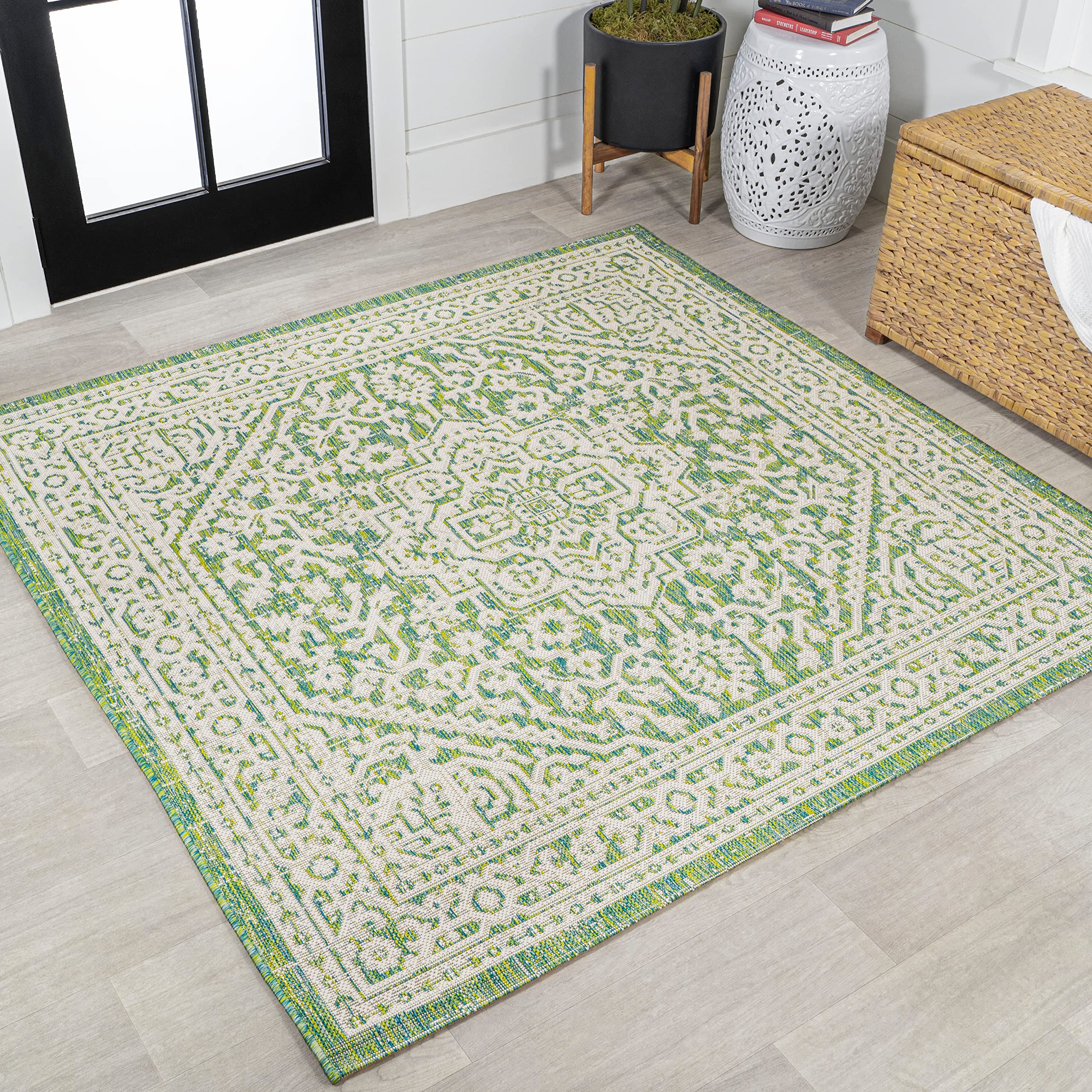 JONATHAN Y Medallion Weave Indoor Outdoor Square Area Rug 5X5 Cream/Green, Sinjuri Textured for Backyard, Patio, Porch, Easy-Cle