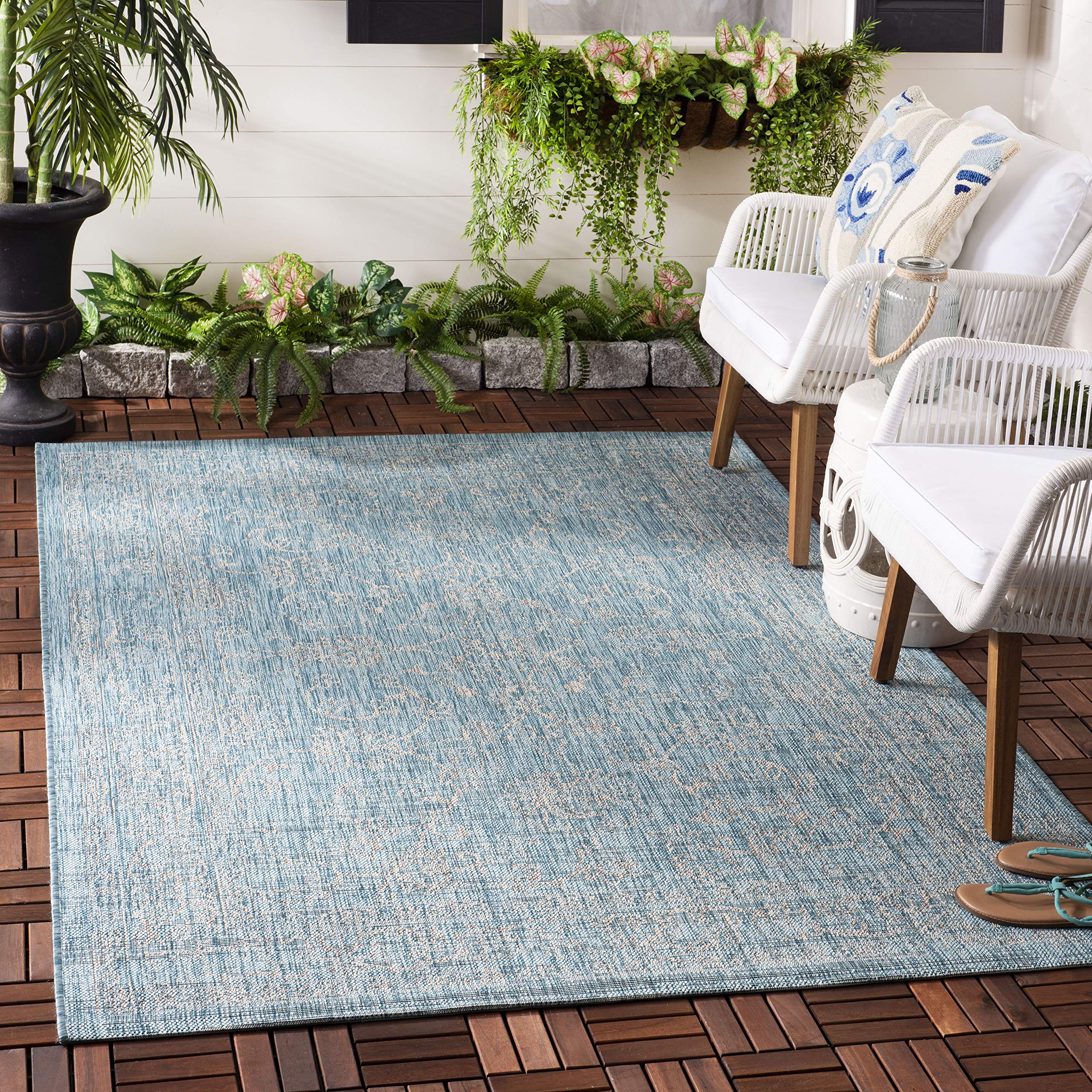 SAFAVIEH Courtyard Collection 4 x 57 Aqua/Grey CY8680 Indoor/ Outdoor Patio Backyard Mudroom Accent Rug