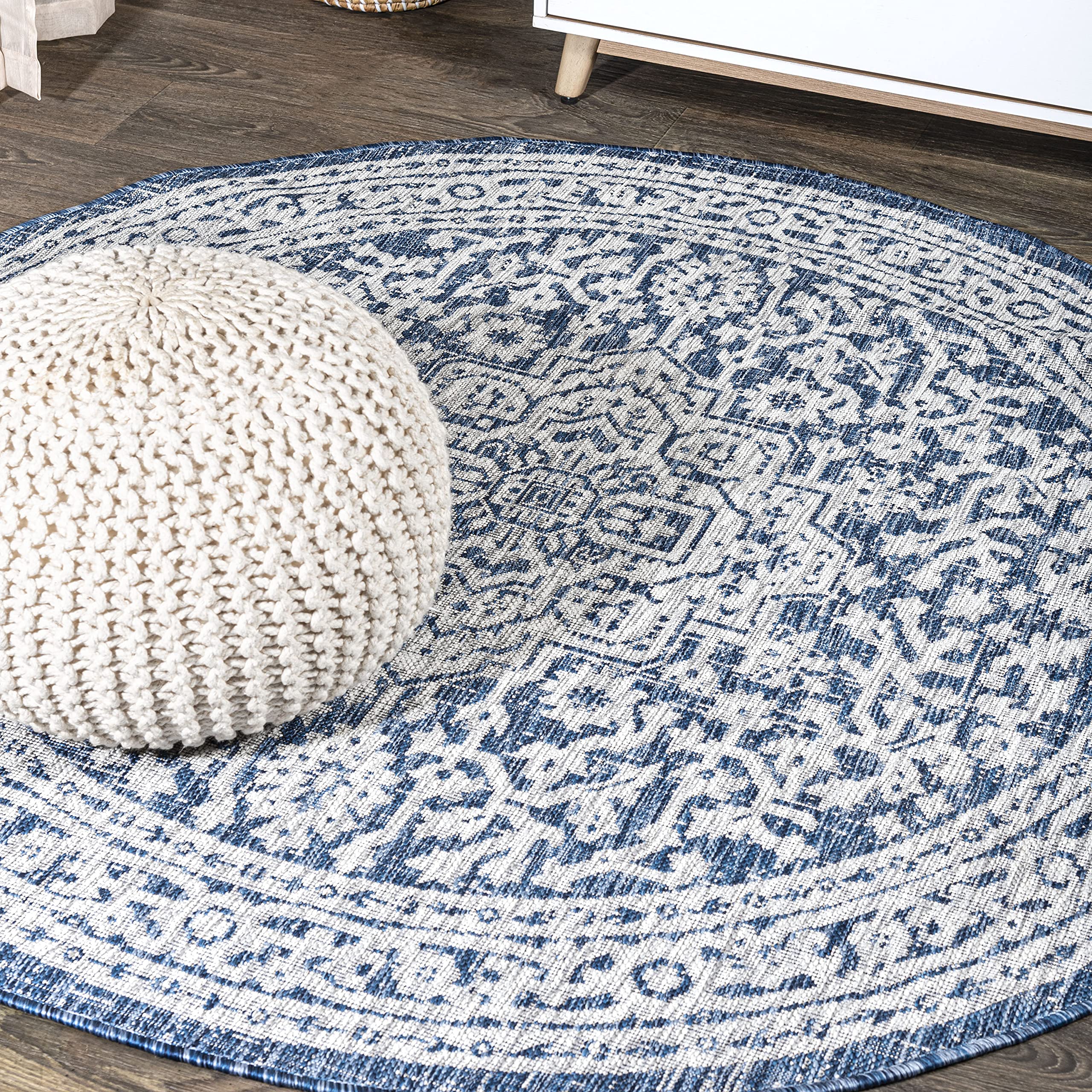 JONATHAN Y SMB101B-8R Sinjuri Medallion Textured Weave Navy/Gray 8 Round Indoor/Outdoor Area Rug, Pet Friendly, Non-Shedding, S