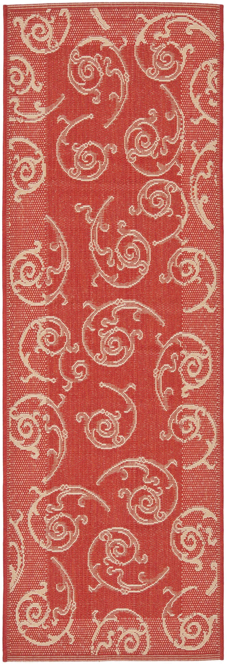 SAFAVIEH Courtyard Collection Runner Rug - 23 x 10, Red & Natural, Scroll Design, Non-Shedding & Easy Care, Indoor/Outdoor & W