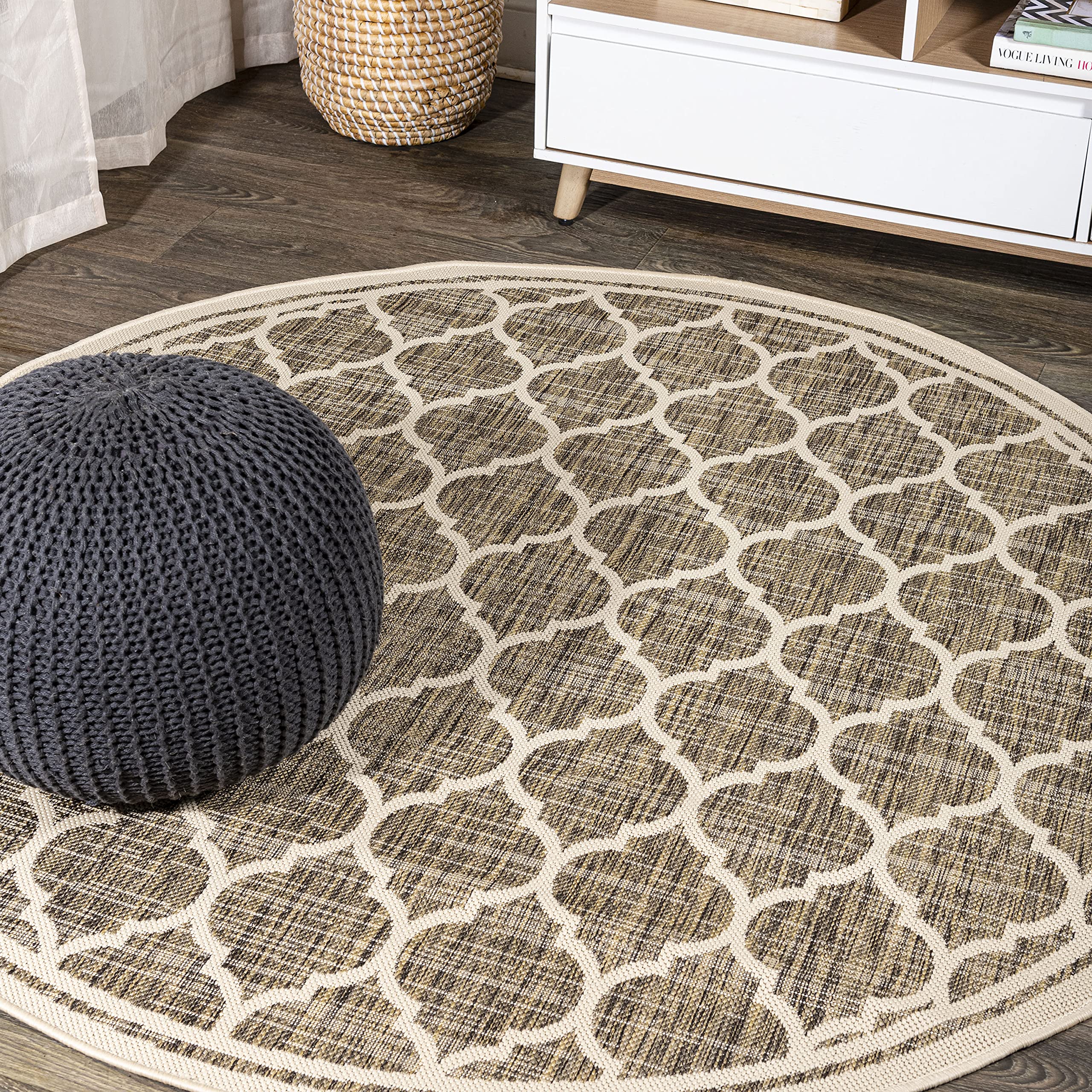 JONATHAN Y Moroccan Trellis Indoor Outdoor Round Area Rug 5 Ft Brown/Beige, Trebol Textured Weave for Backyard, Patio, Porch, Ea