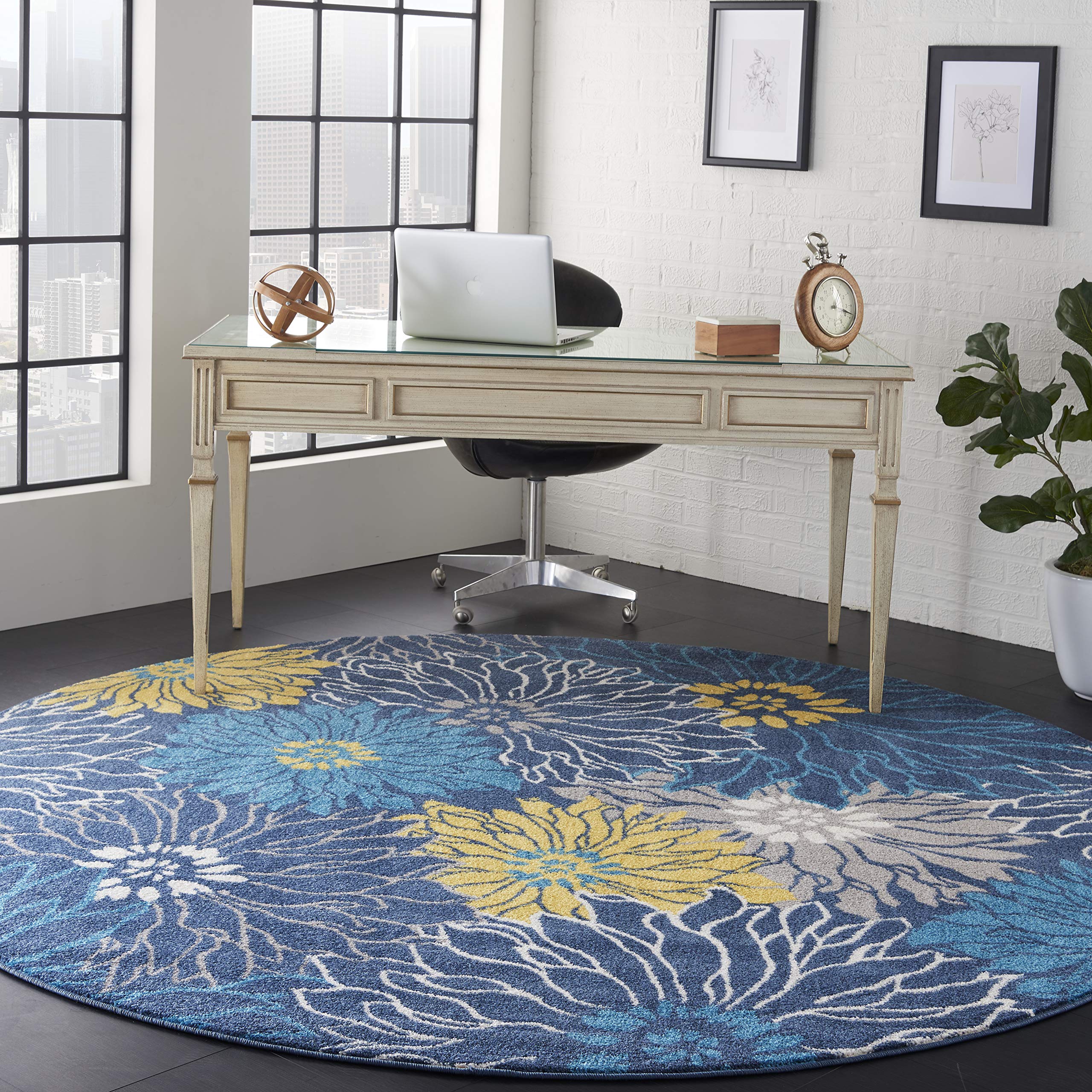 Nourison Passion Blue 8 x Round Area Rug, Floral, Farmhouse, Easy Cleaning, Non Shedding, Bed Room, Living Room, Dining Room, K