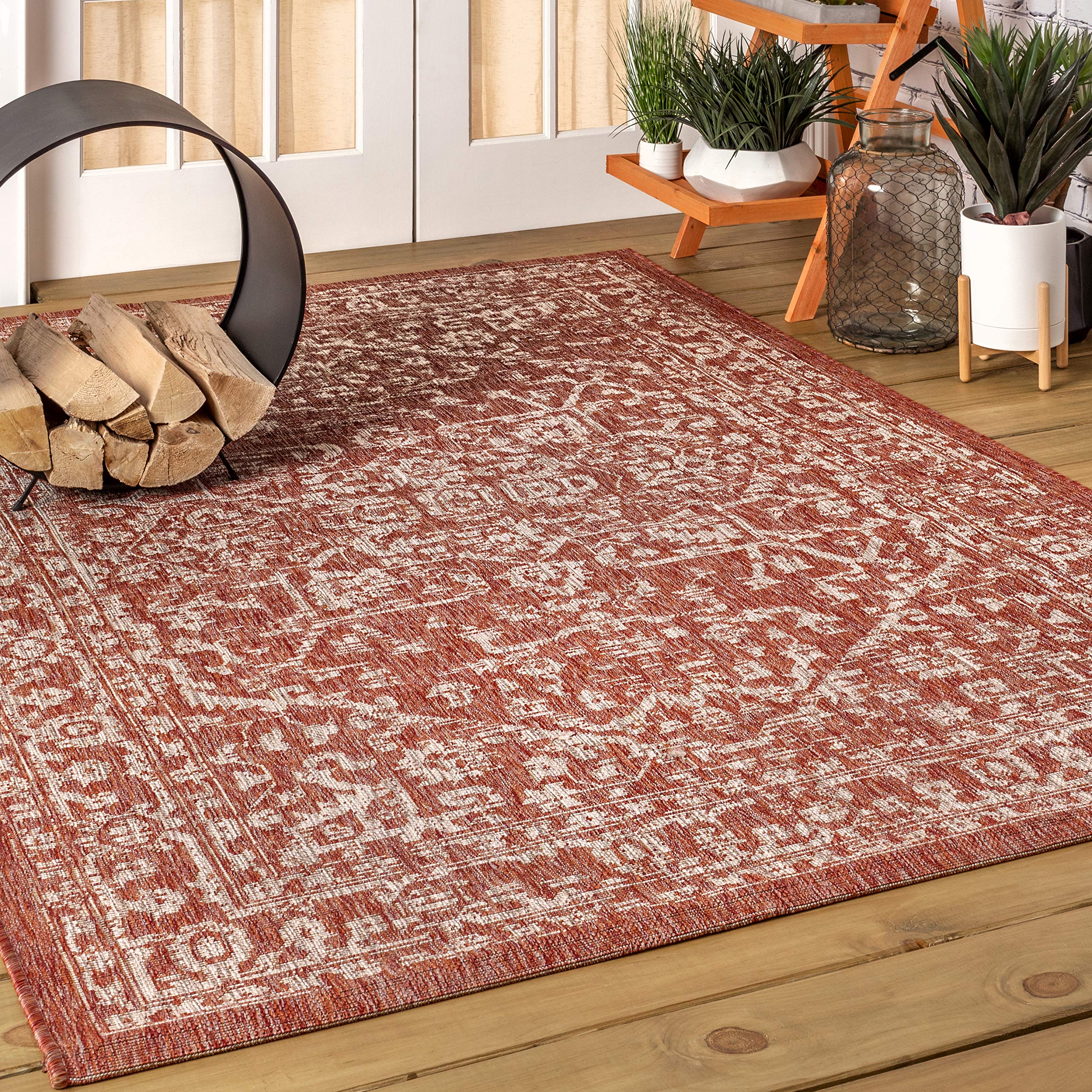 JONATHAN Y SMB104A-6 Malta Bohemian Medallion Textured Weave Red/Taupe 6 ft. x 9 ft. Indoor/Outdoor Area Rug, Pet Friendly, Non-