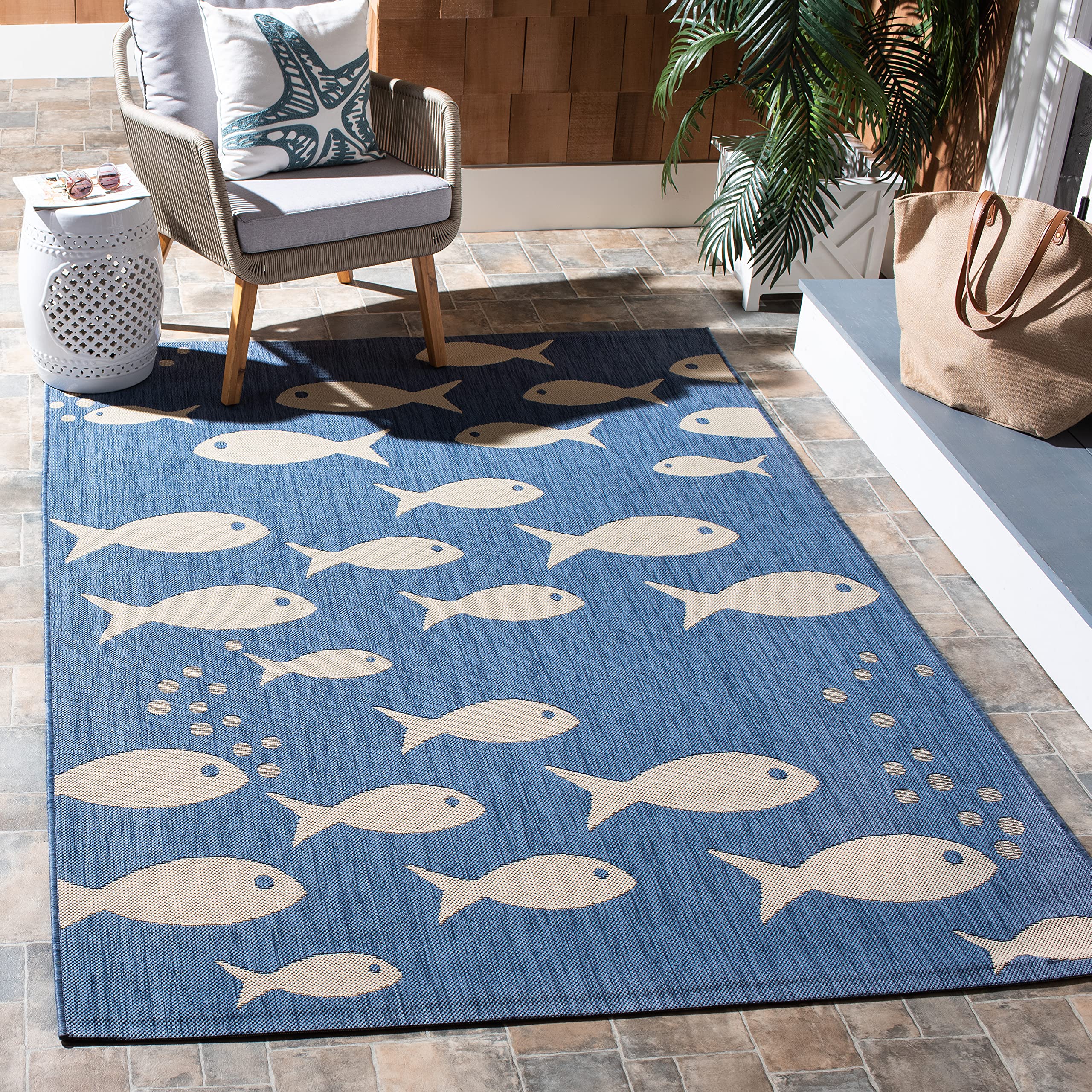 SAFAVIEH Courtyard Collection 53 Square Blue/Beige CY6012 Indoor/ Outdoor Waterproof Easy Cleaning Patio Backyard Mudroom Area 
