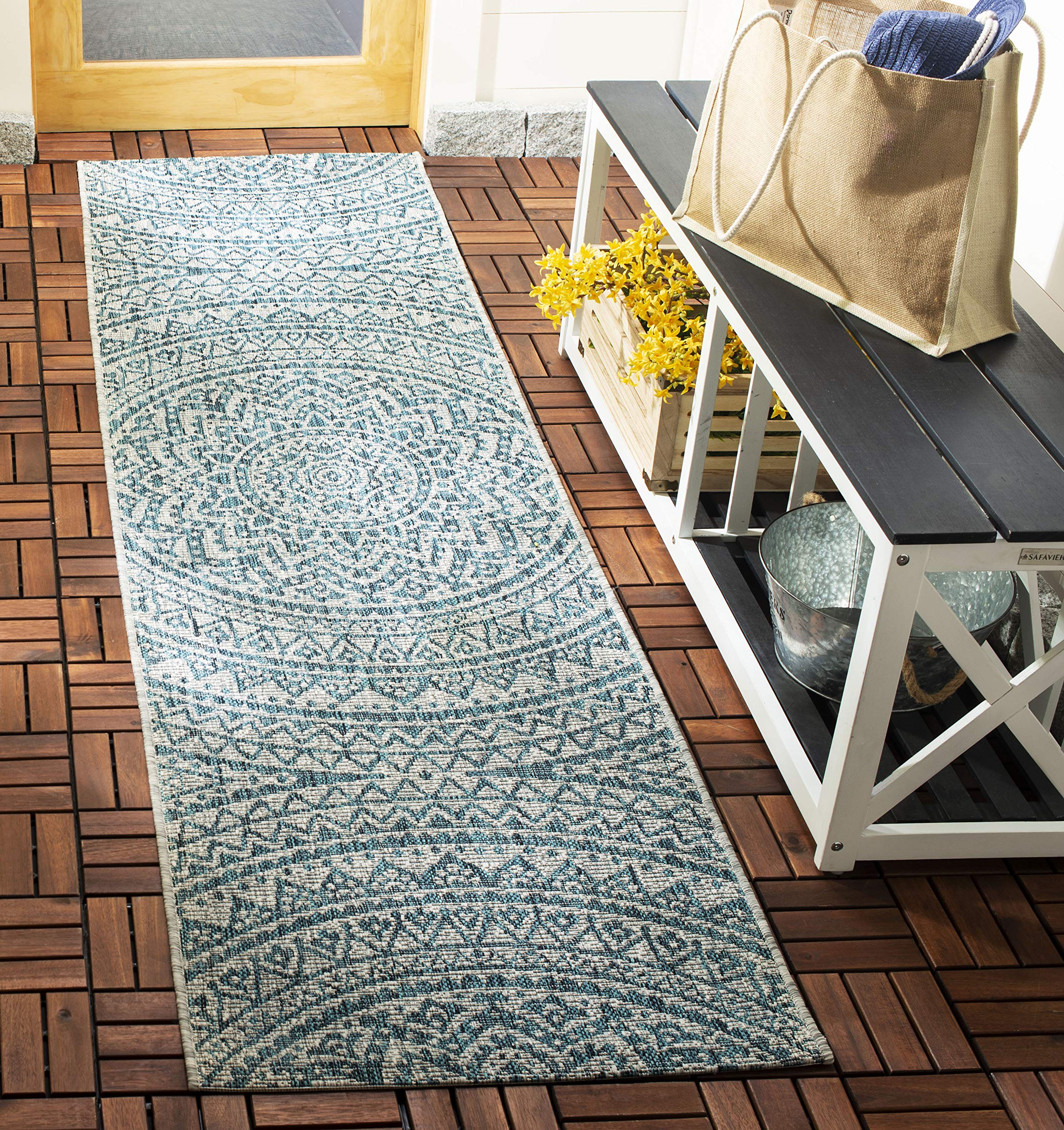 SAFAVIEH Courtyard Collection 23 x 67 Light Grey / Teal CY8734 Indoor/ Outdoor Waterproof Easy Cleaning Patio Backyard Mudroom