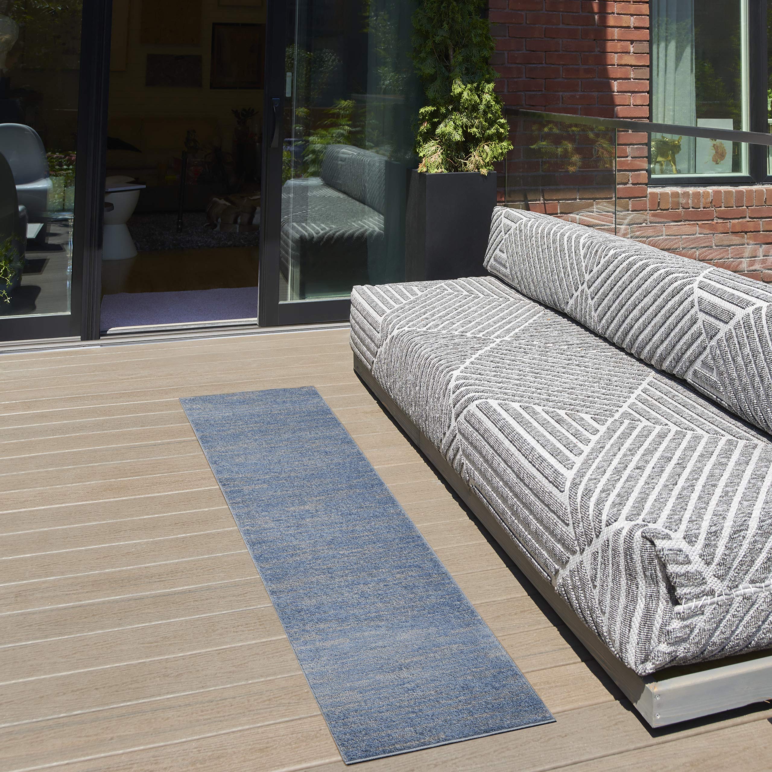 Nourison Essentials Indoor/Outdoor Blue/Grey 22 x 76 Area Rug, Easy Cleaning, Non Shedding, Bed Room, Living Room, Dining Room