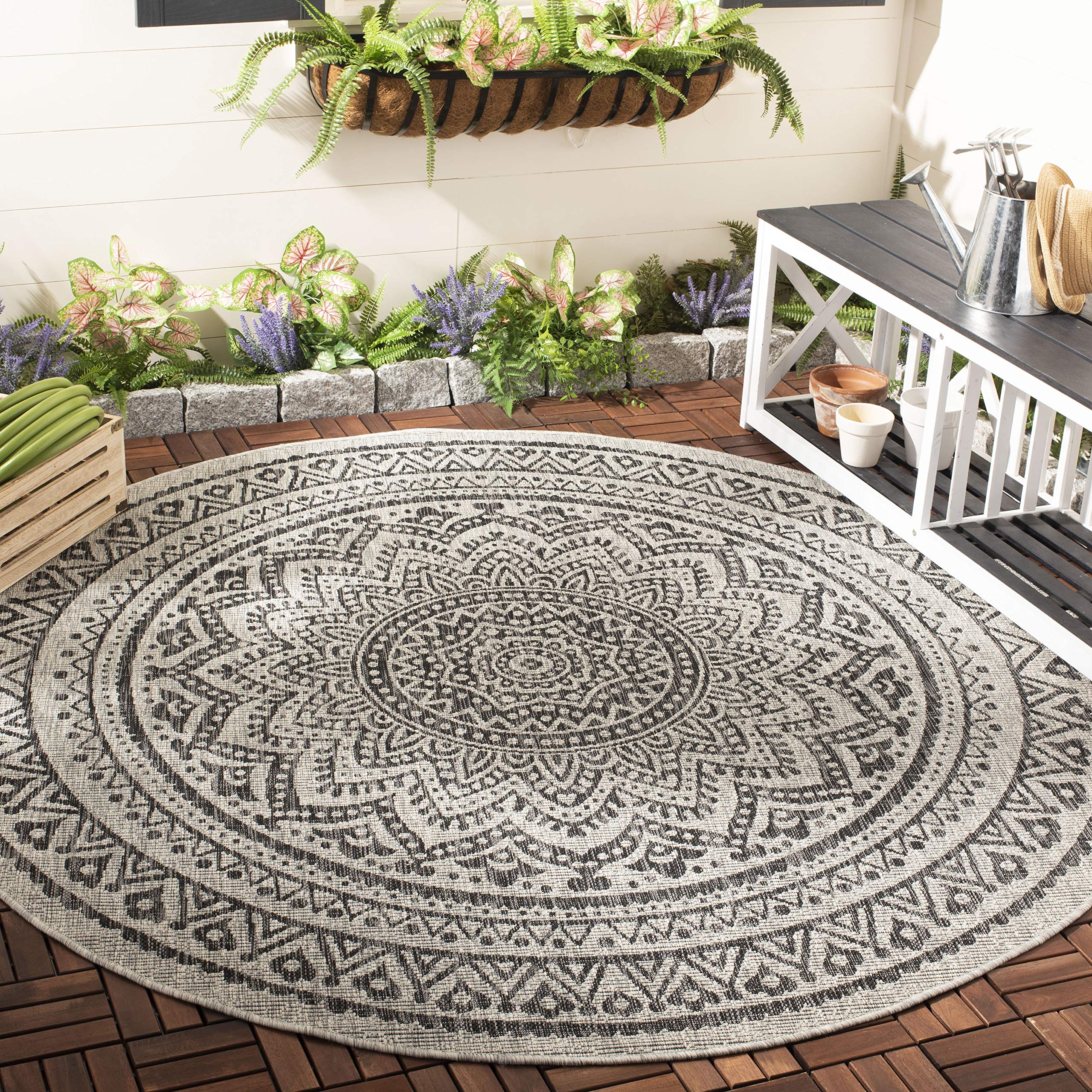 SAFAVIEH Courtyard Collection 4 Round Light Grey/Black CY8734 Indoor/ Outdoor Waterproof Easy Cleaning Patio Backyard Mudroom A