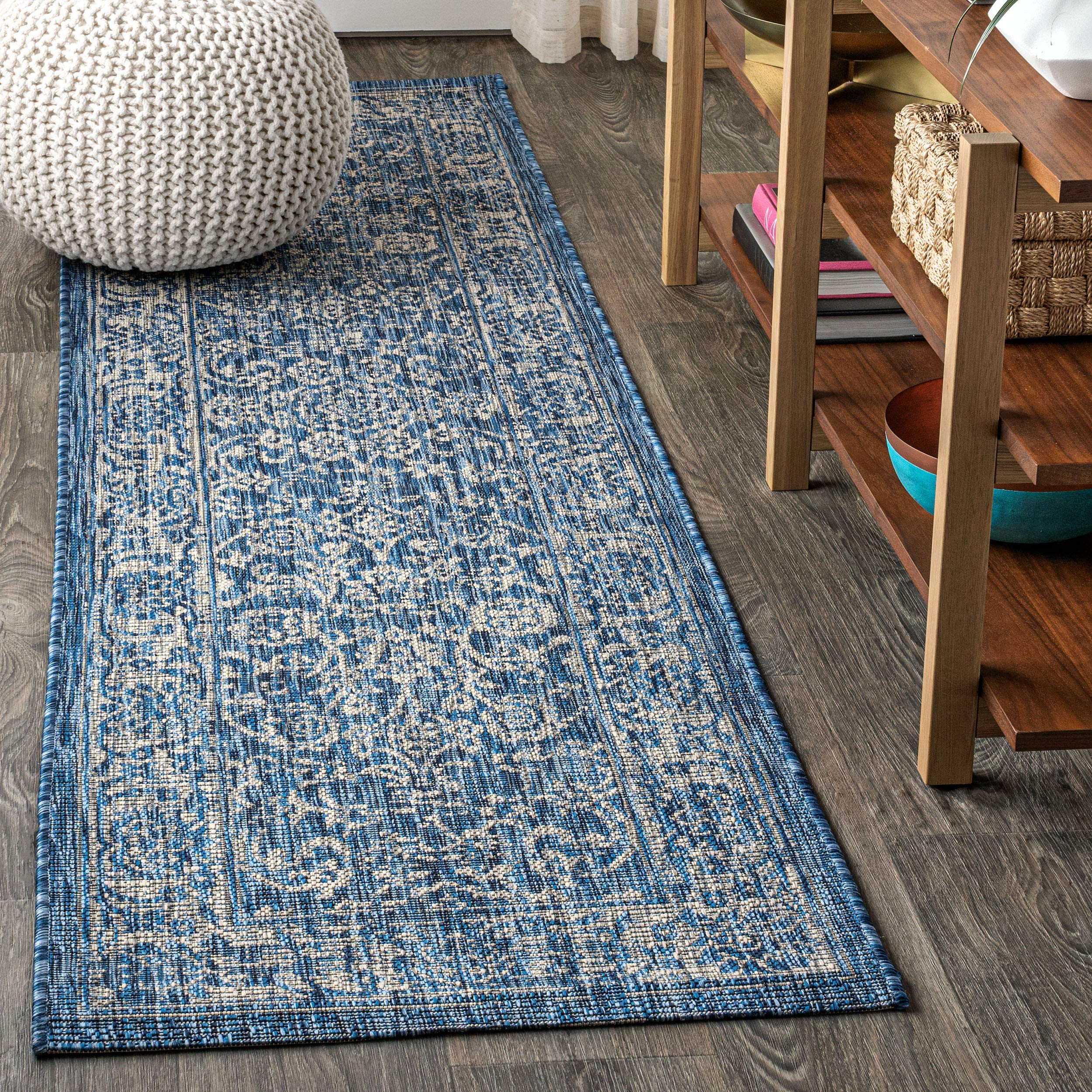 JONATHAN Y SMB100B-210 Tela Bohemian Textured Weave Floral Navy/Gray 2 ft. x 10 ft. Indoor/Outdoor Runner Rug, Pet Friendly, Non