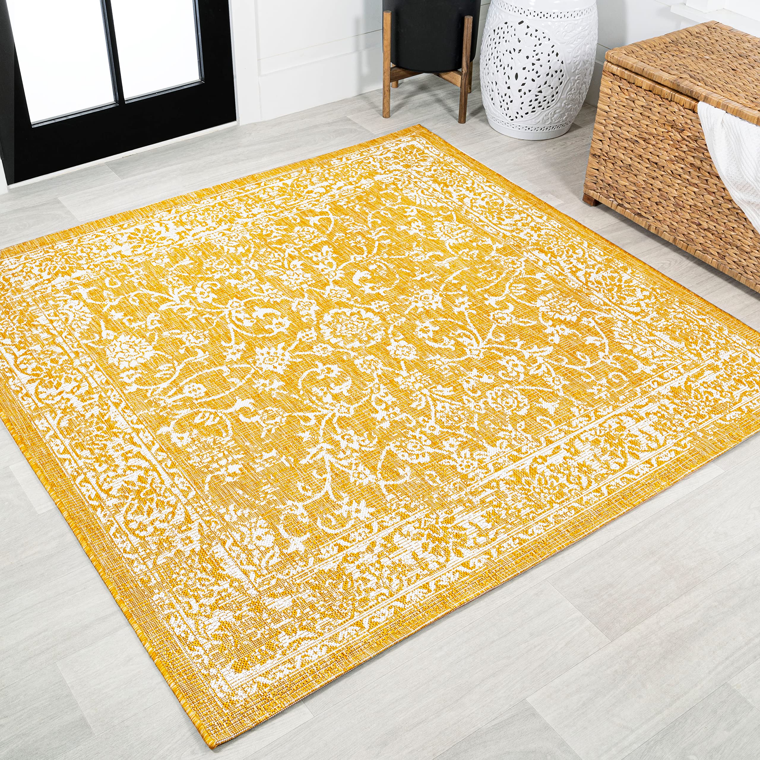 JONATHAN Y SMB100E-5SQ Tela Bohemian Textured Weave Floral Indoor Outdoor Area Rug, Coastal Traditional Transitional Easy Cleani