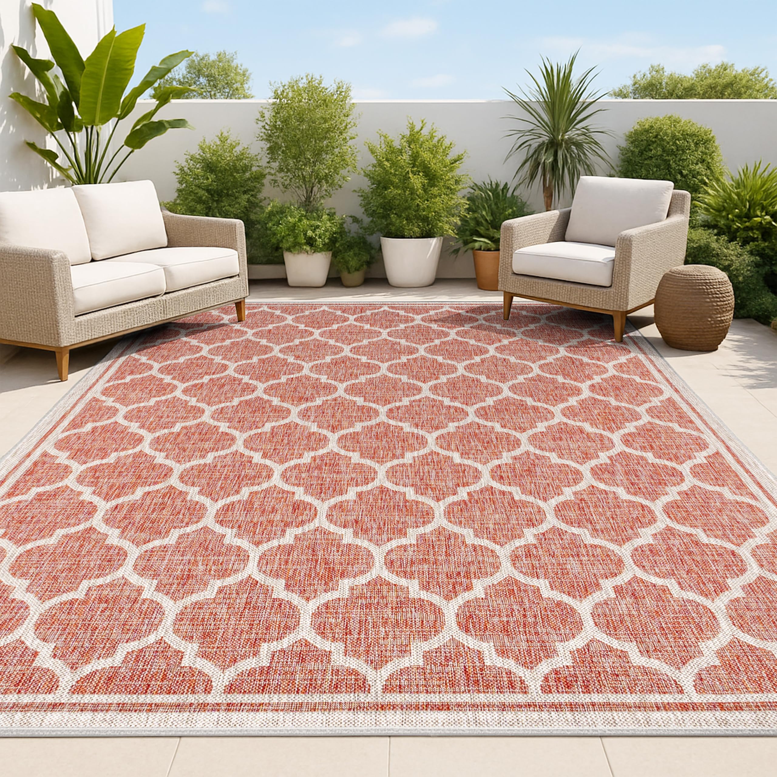 JONATHAN Y Moroccan Trellis Indoor Outdoor Area Rug 8X10 Red/Beige, Trebol Textured Weave for Backyard, Patio, Porch, Easy-Clean