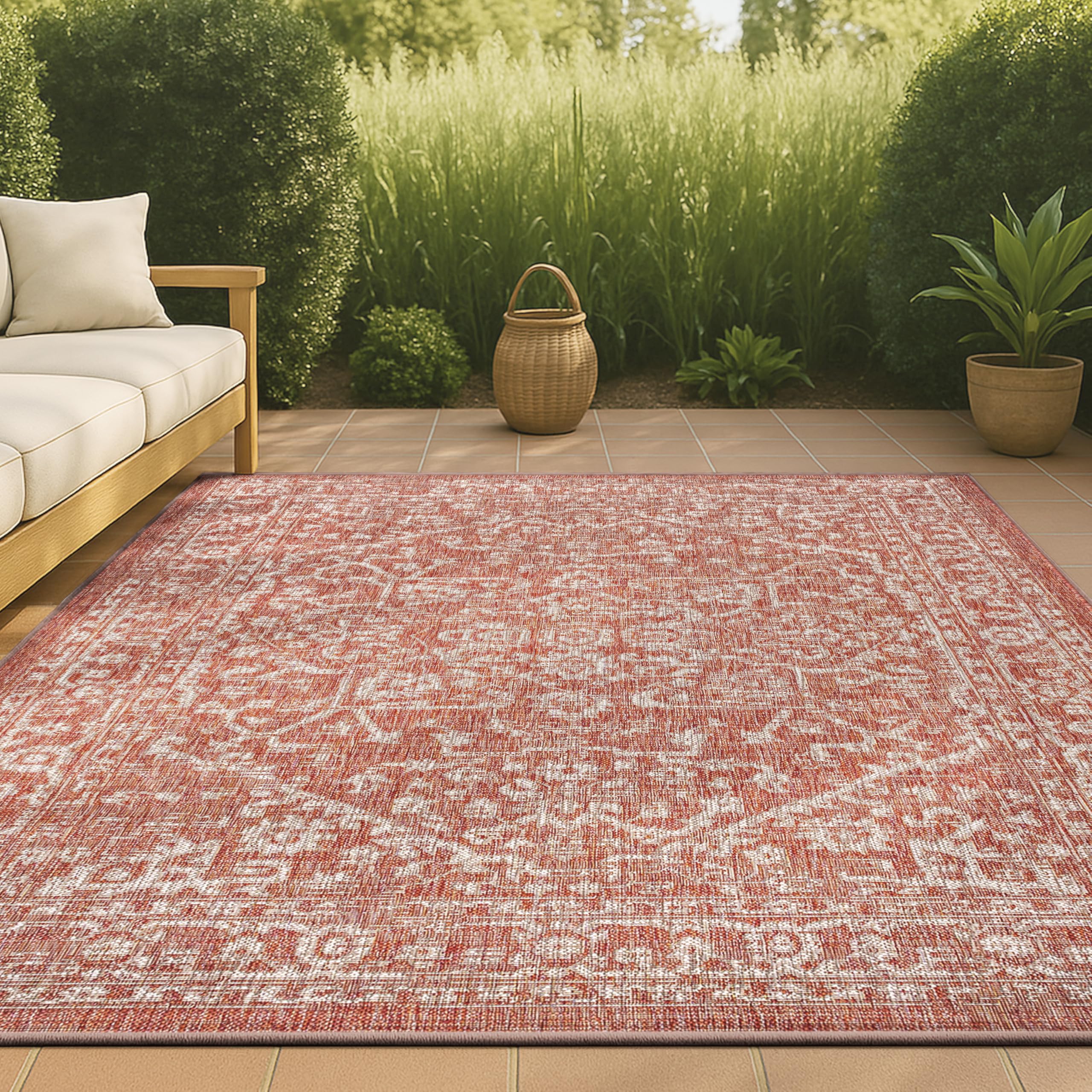 JONATHAN Y Boho Medallion Indoor Outdoor Area Rug 3X5 Red/Taupe, Malta Textured Weave for Backyard, Patio, Porch, Easy-Cleaning,