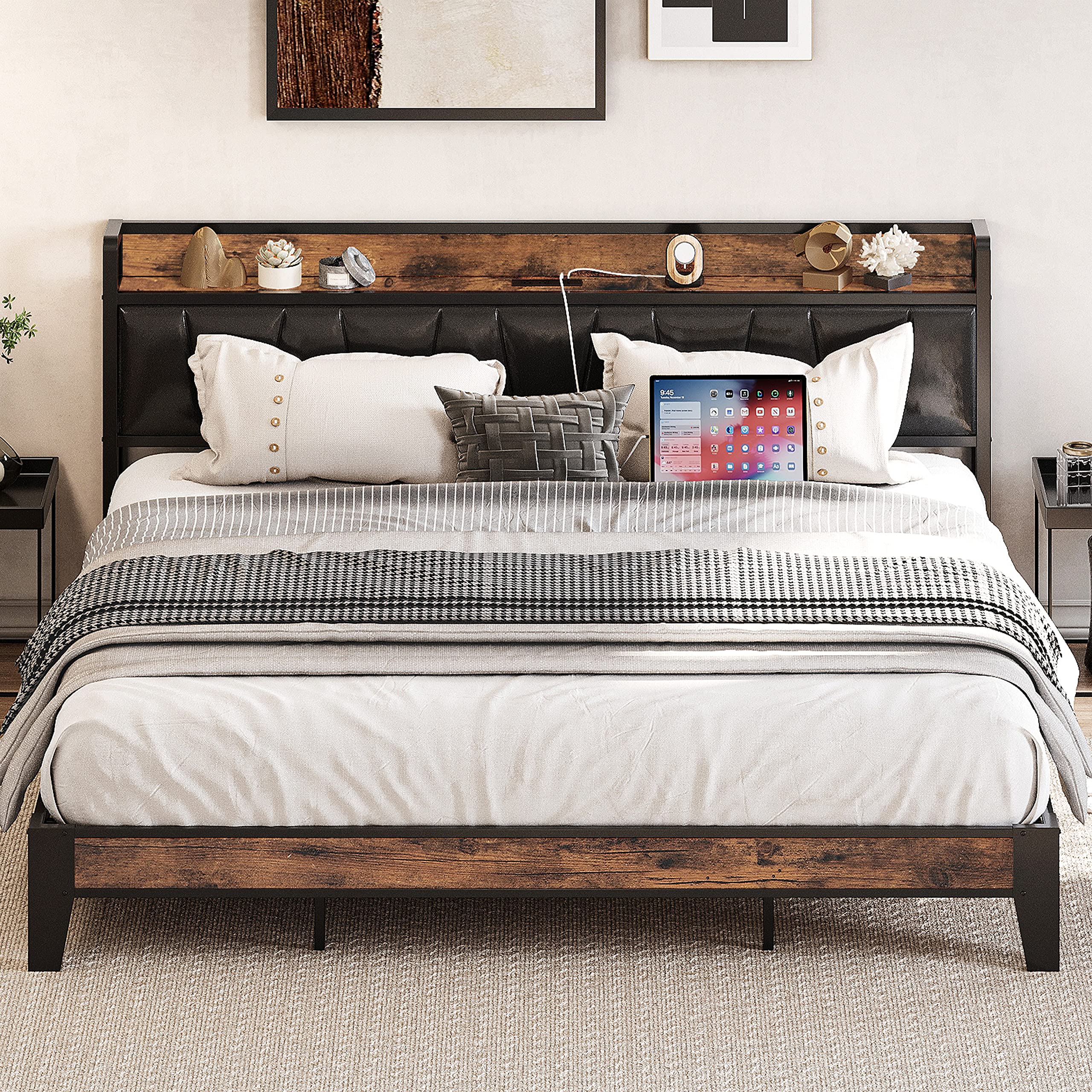 LIKIMIO King Bed Frame, Storage Headboard with Charging Station, Solid and Stable, Noise Free, No Box Spring Needed, Easy Assemb