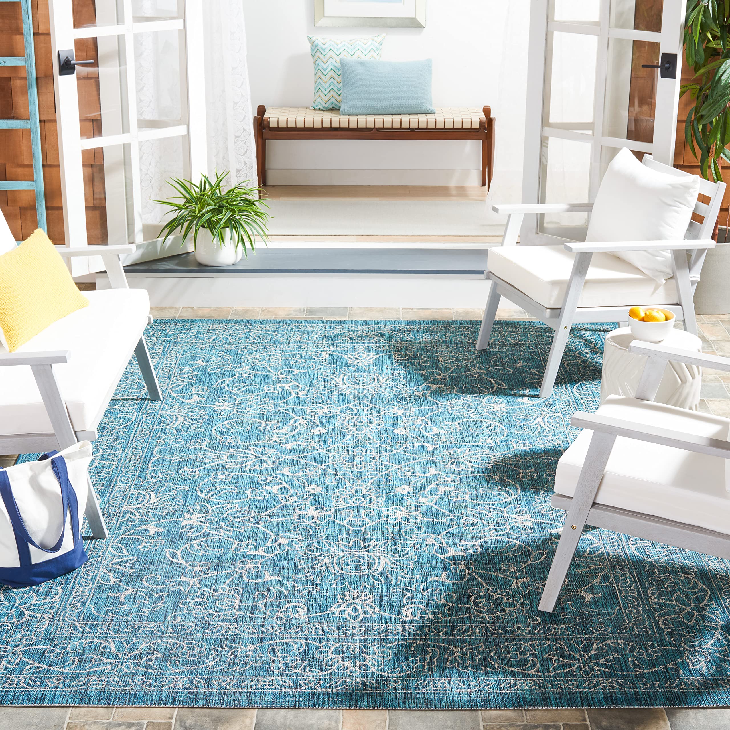 SAFAVIEH Courtyard Collection Area Rug - 9 x 12, Turquoise, Non-Shedding & Easy Care, Indoor/Outdoor & Washable-Ideal for Pati