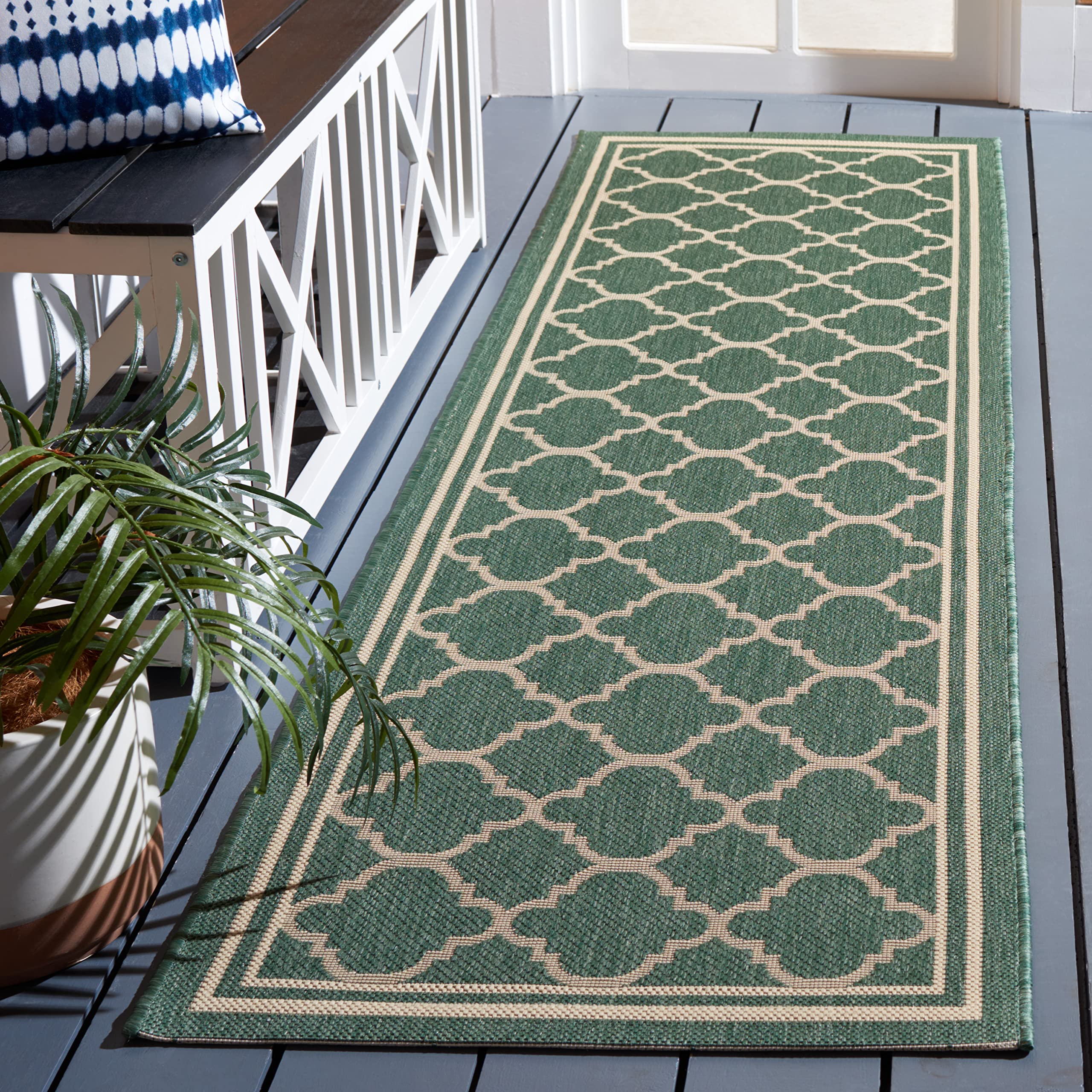 SAFAVIEH Courtyard Collection Runner Rug - 23 x 8, Dark Green & Beige, Trellis Design, Non-Shedding & Easy Care, Indoor/Outdoo