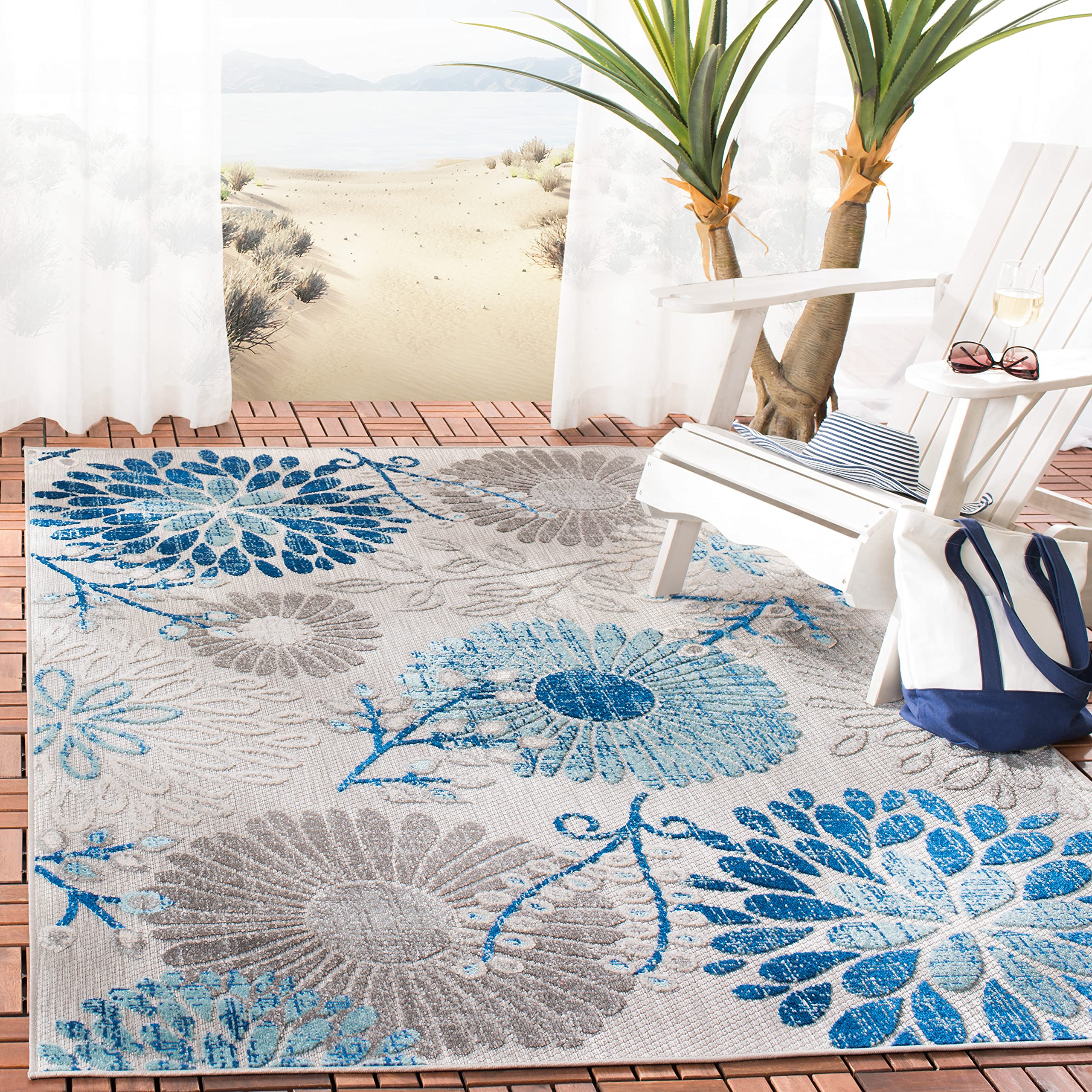 SAFAVIEH Cabana Collection Accent Rug - 4 x 6, Grey & Blue, Floral Design, Non-Shedding & Easy Care, Indoor/Outdoor & Washable