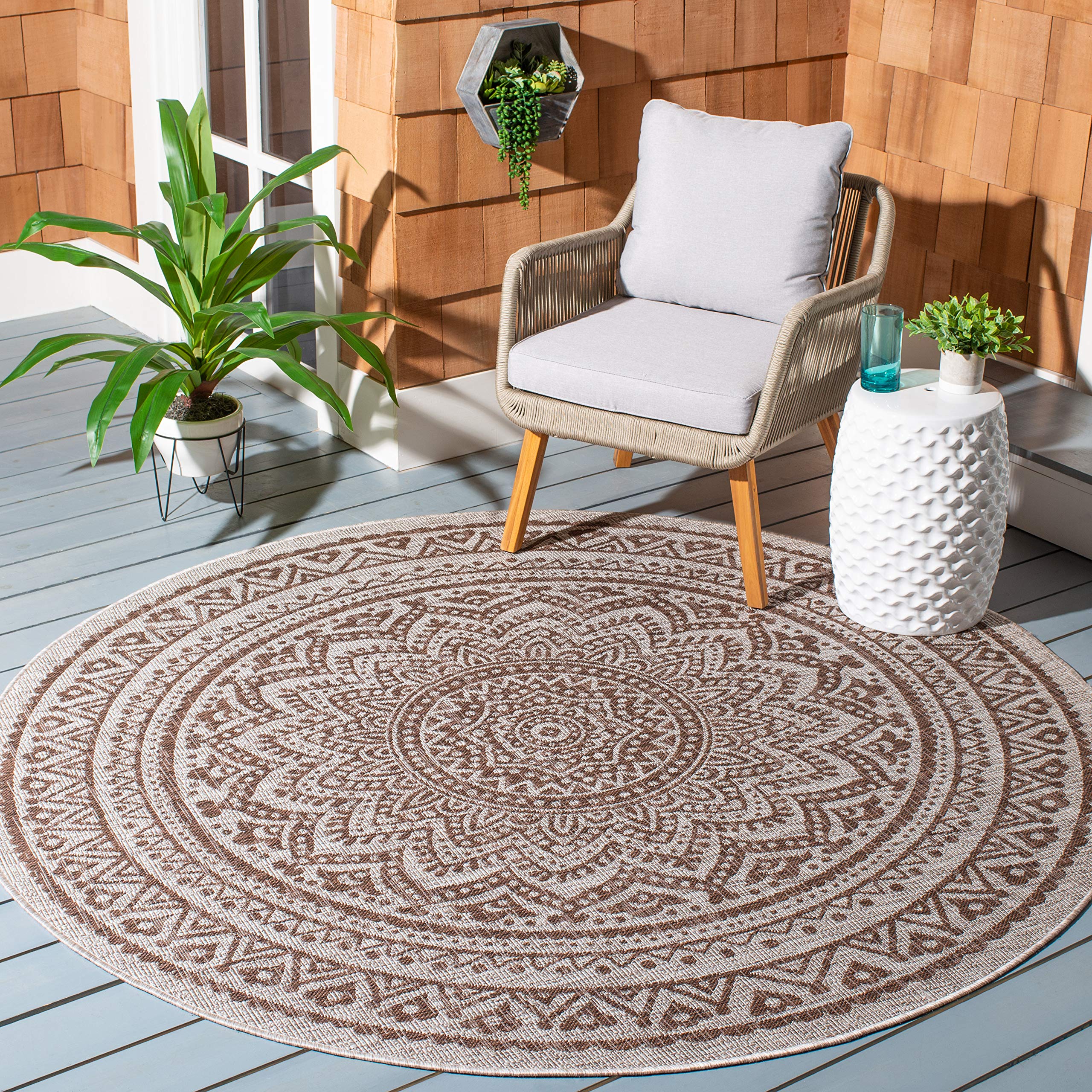 SAFAVIEH Courtyard Collection 53 Round Light Beige / Light Brown CY8734 Indoor/ Outdoor Waterproof Easy Cleaning Patio Backyard