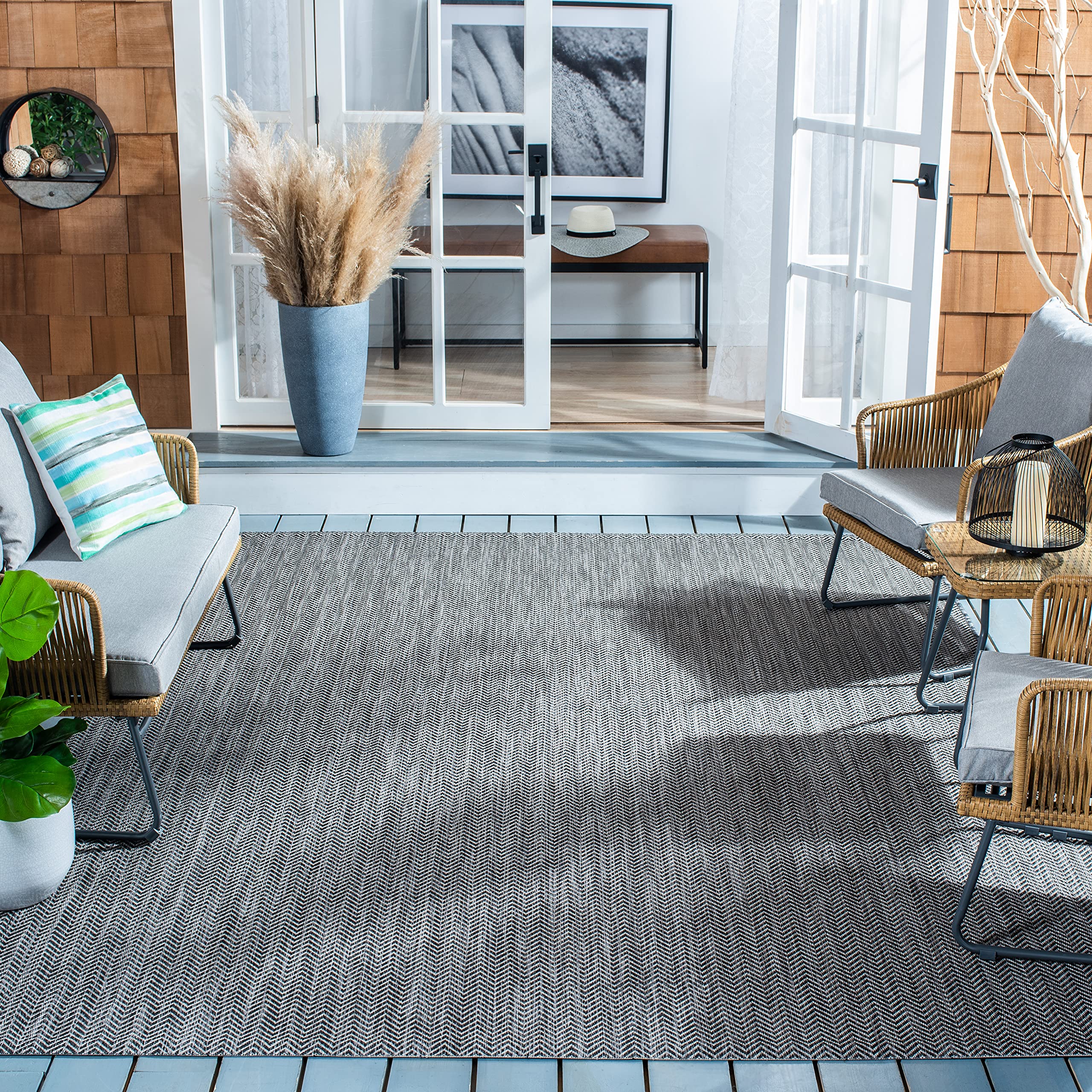 SAFAVIEH Courtyard Collection Area Rug - 10 Square, Black & Beige, Non-Shedding & Easy Care, Indoor/Outdoor & Washable-Ideal fo
